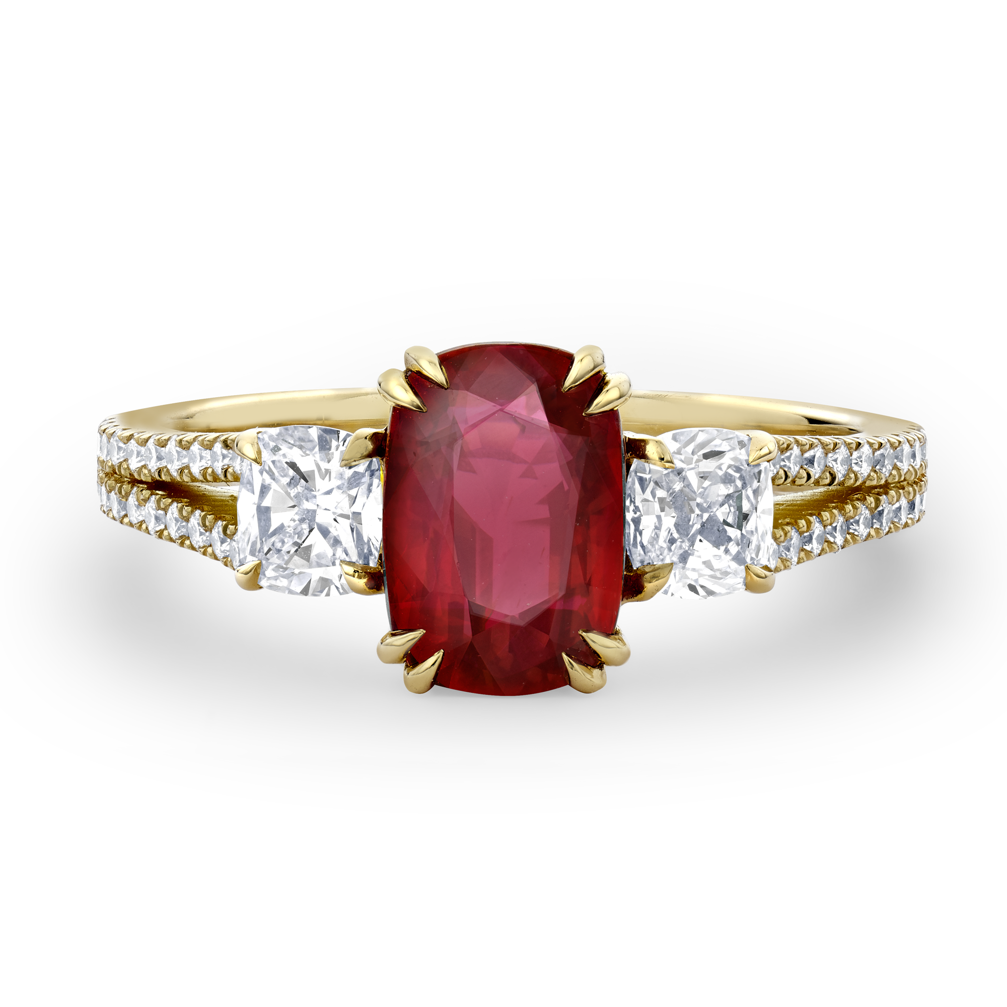 Mozambique 2.04ct Ruby and Diamond Three Stone Ring Cushion Cut, Claw Set_2