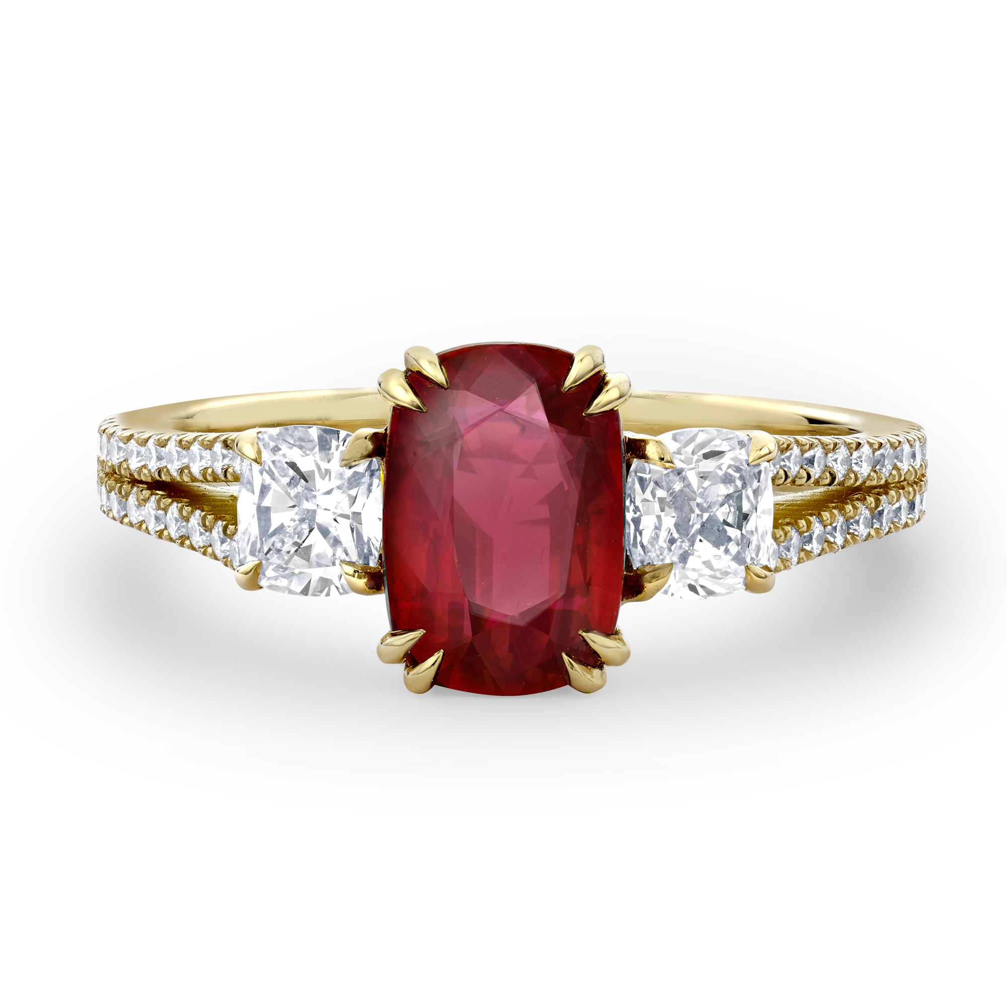 Mozambique 2.04ct Ruby and Diamond Three Stone Ring Cushion Cut, Claw Set_2