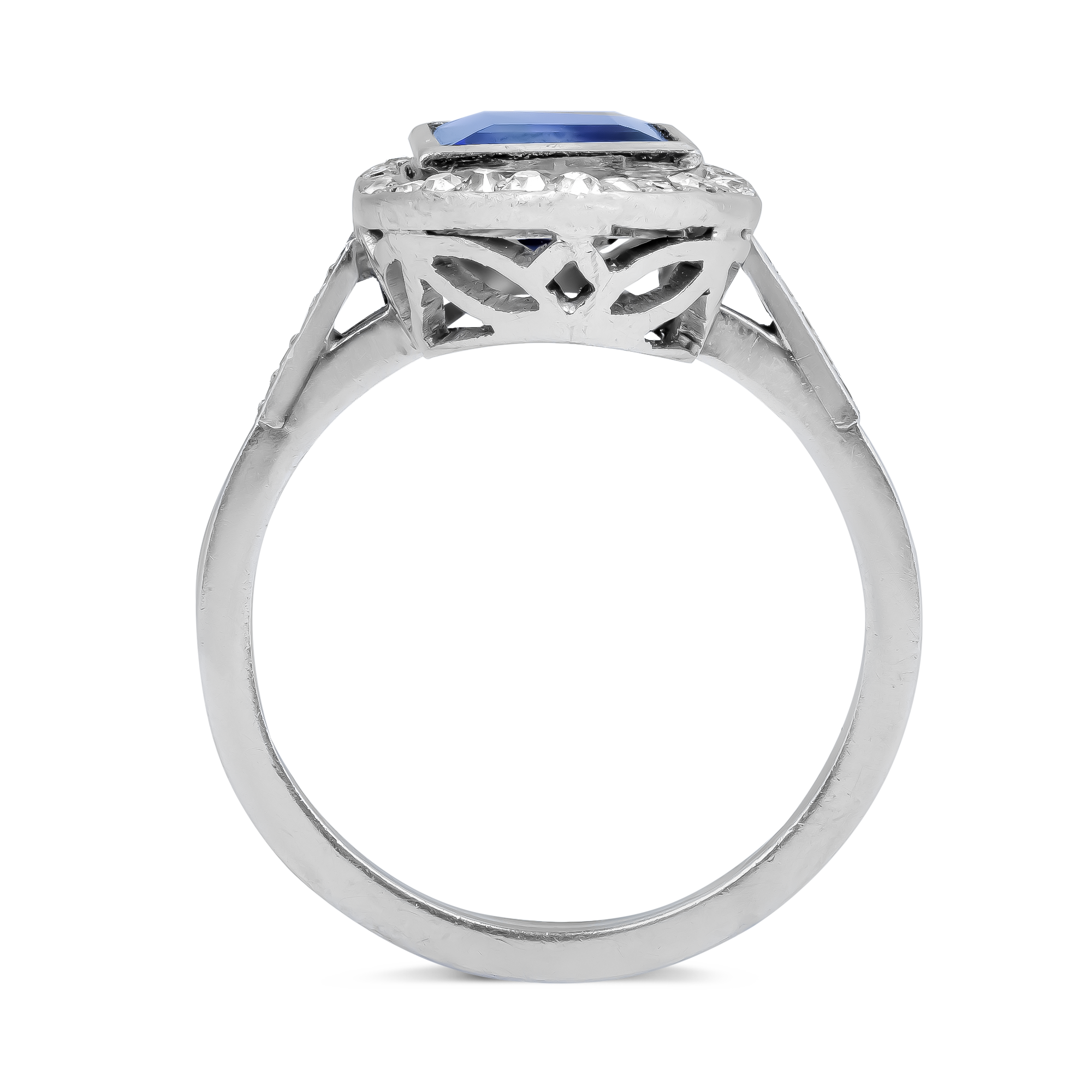 Art Deco Emerald Cut Sapphire and Diamond Ring Emerald & Old Cut, Rubover Set_3