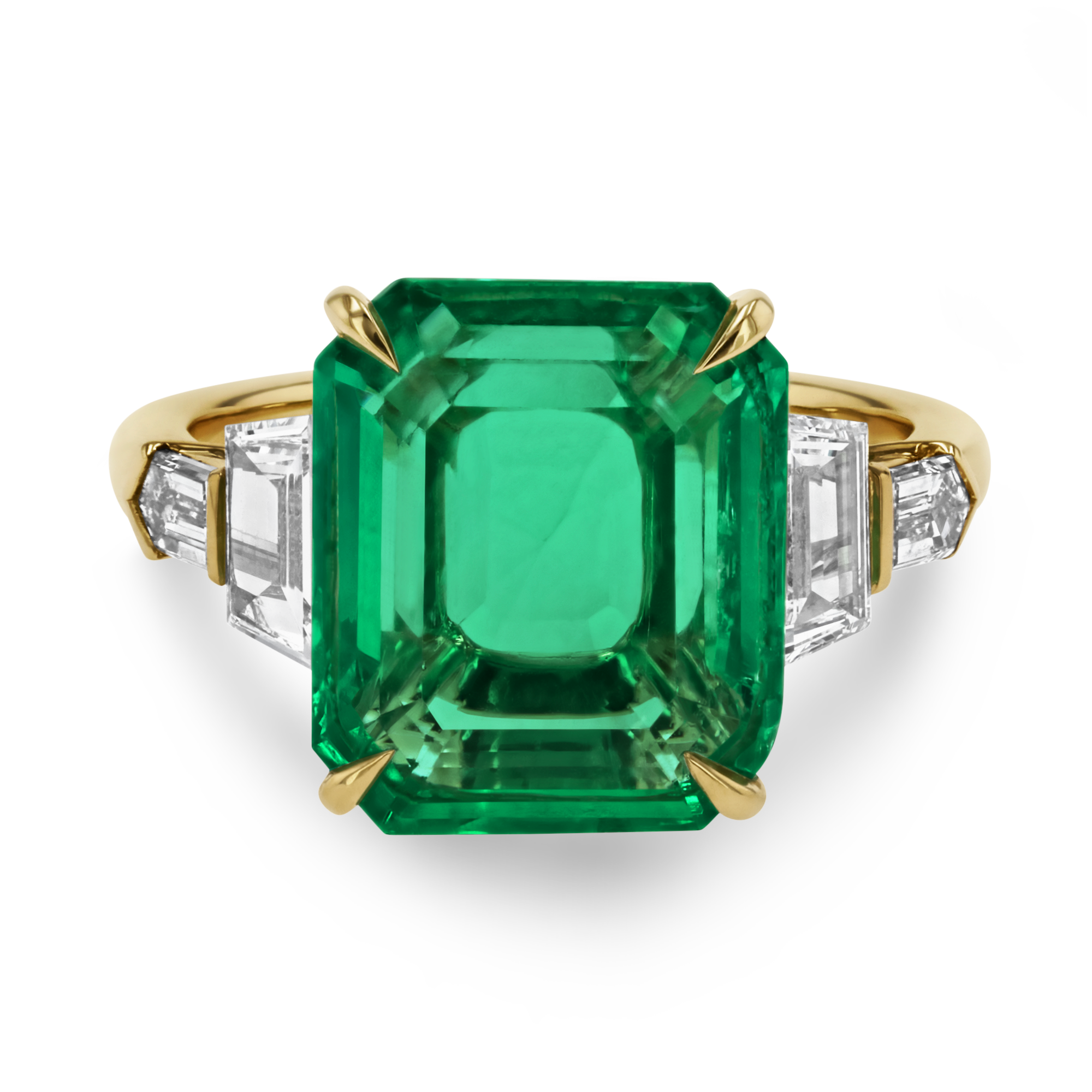 Colombian Emerald Ring with Diamond shoulders Emerald Trapezoid & Bullet Cut, Claw Set_2