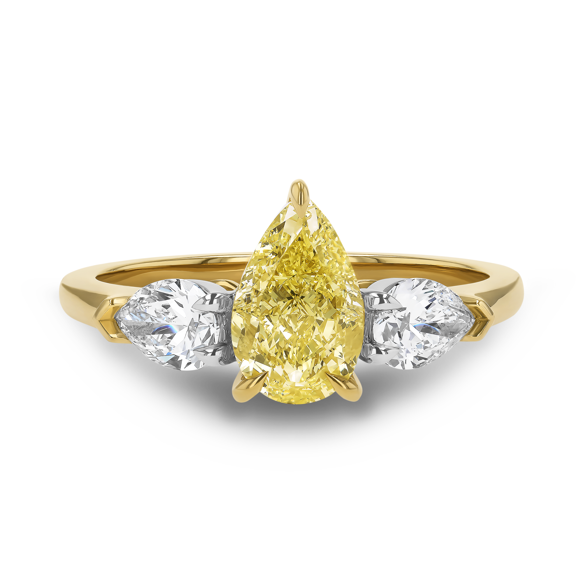 Pear Shaped 1.36ct Fancy Intense Yellow Three Stone Diamond Ring Pear Cut, Claw Set_2