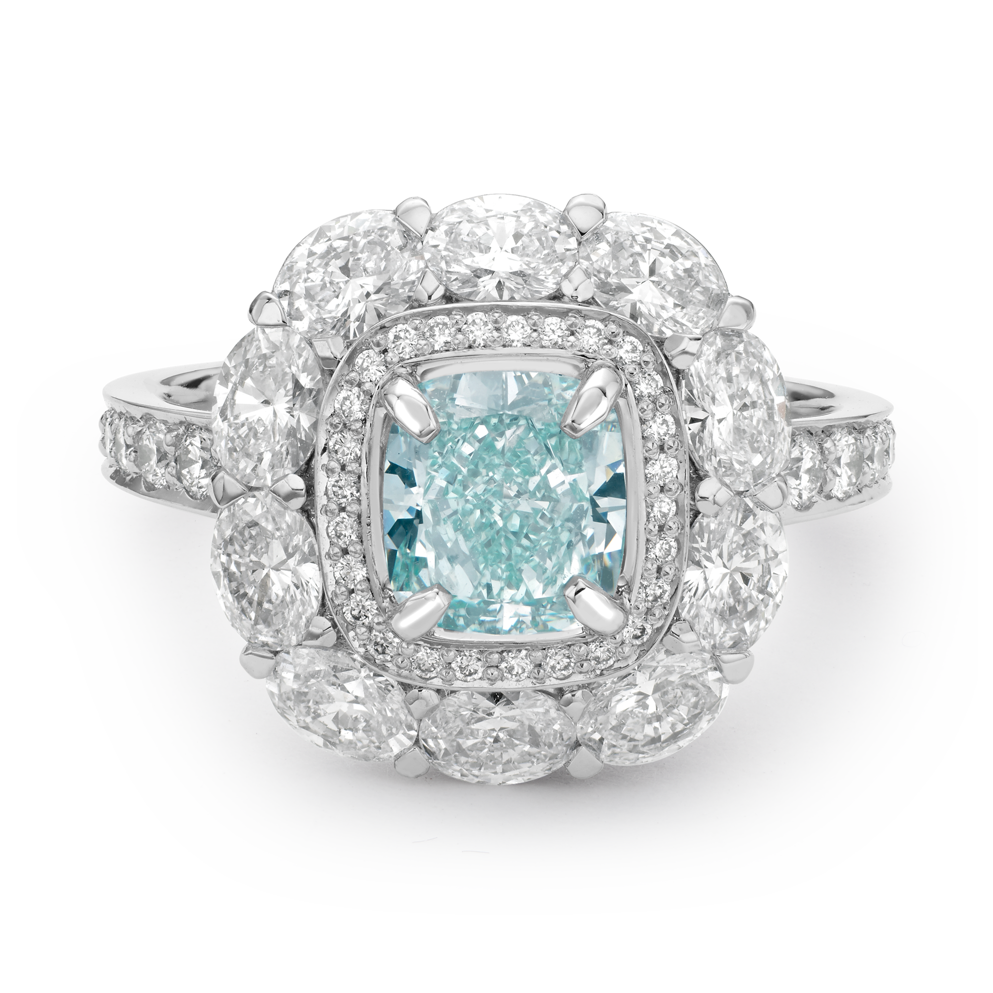 Masterpiece Fancy Intense Blue-Green Diamond Ring Claw Set Cushion Cut Diamond with Oval and Brilliant cut Diamond Two Row Cluster Surround and Shoulders_2