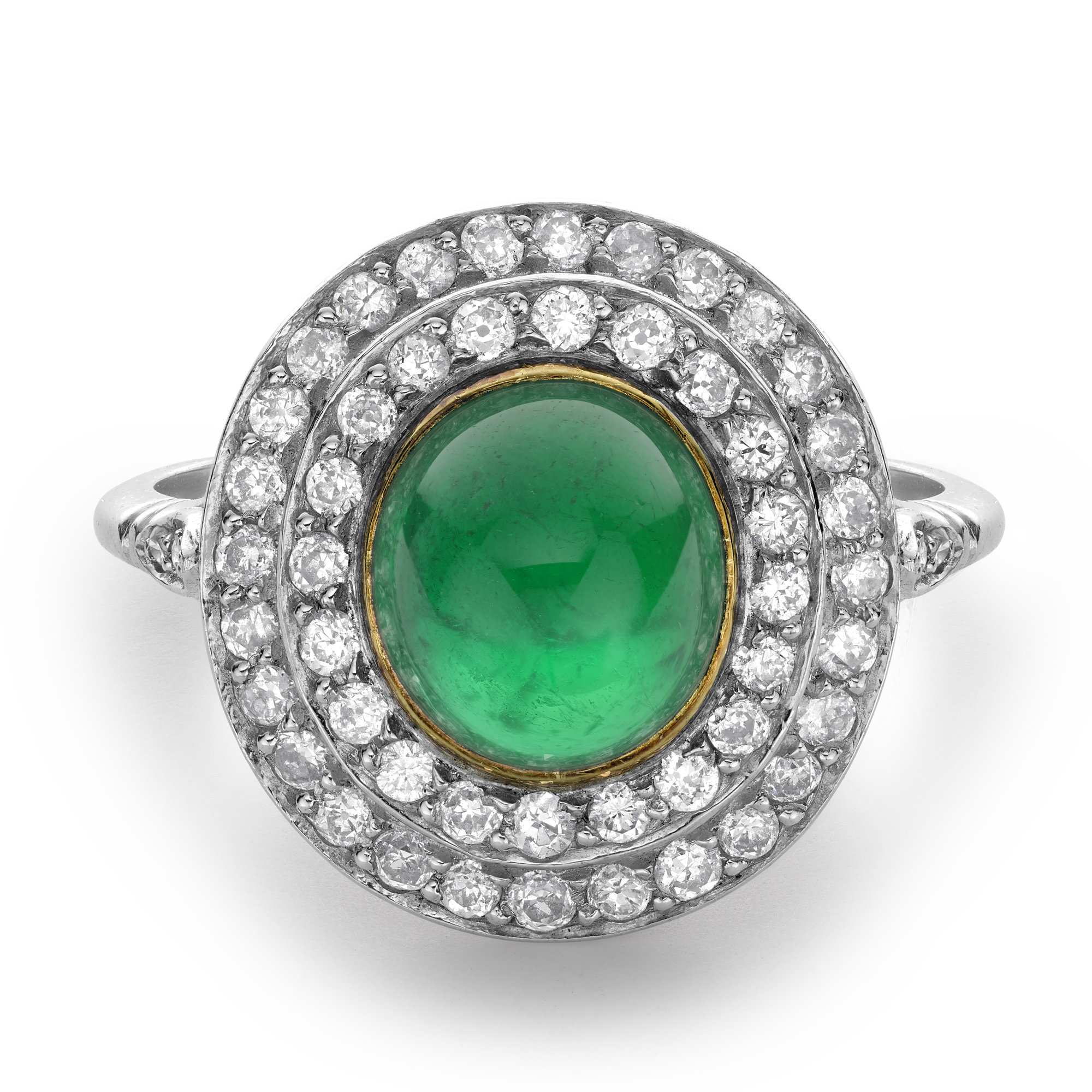 Edwardian Cabochon Colombian Emerald Target Ring Cabochon & Old Cut, Rubover & Claw Set_2