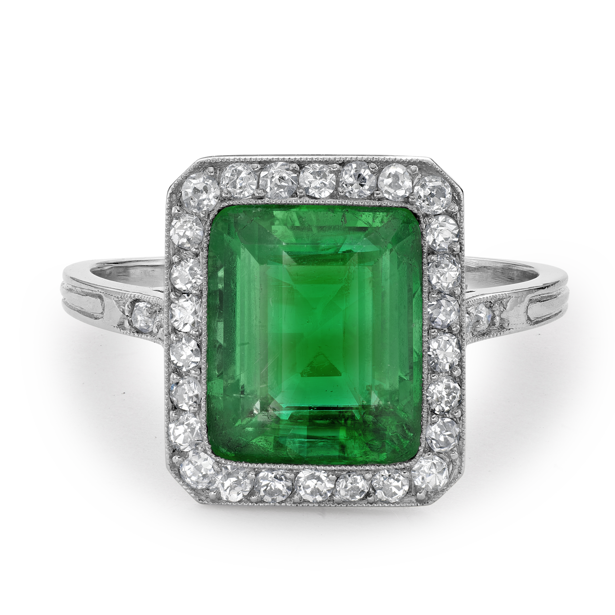 Edwardian 2.80ct Colombian Emerald and Diamond Cluster Ring Emerald Cut, Millegrain Set_2