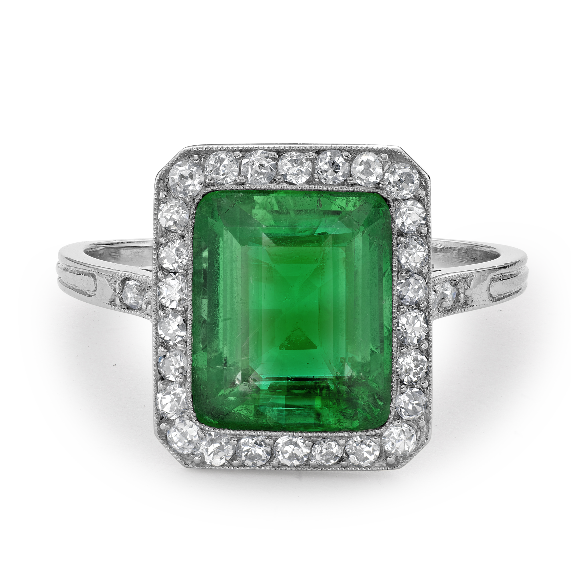 Edwardian 2.80ct Colombian Emerald and Diamond Cluster Ring Emerald Cut, Millegrain Set_2