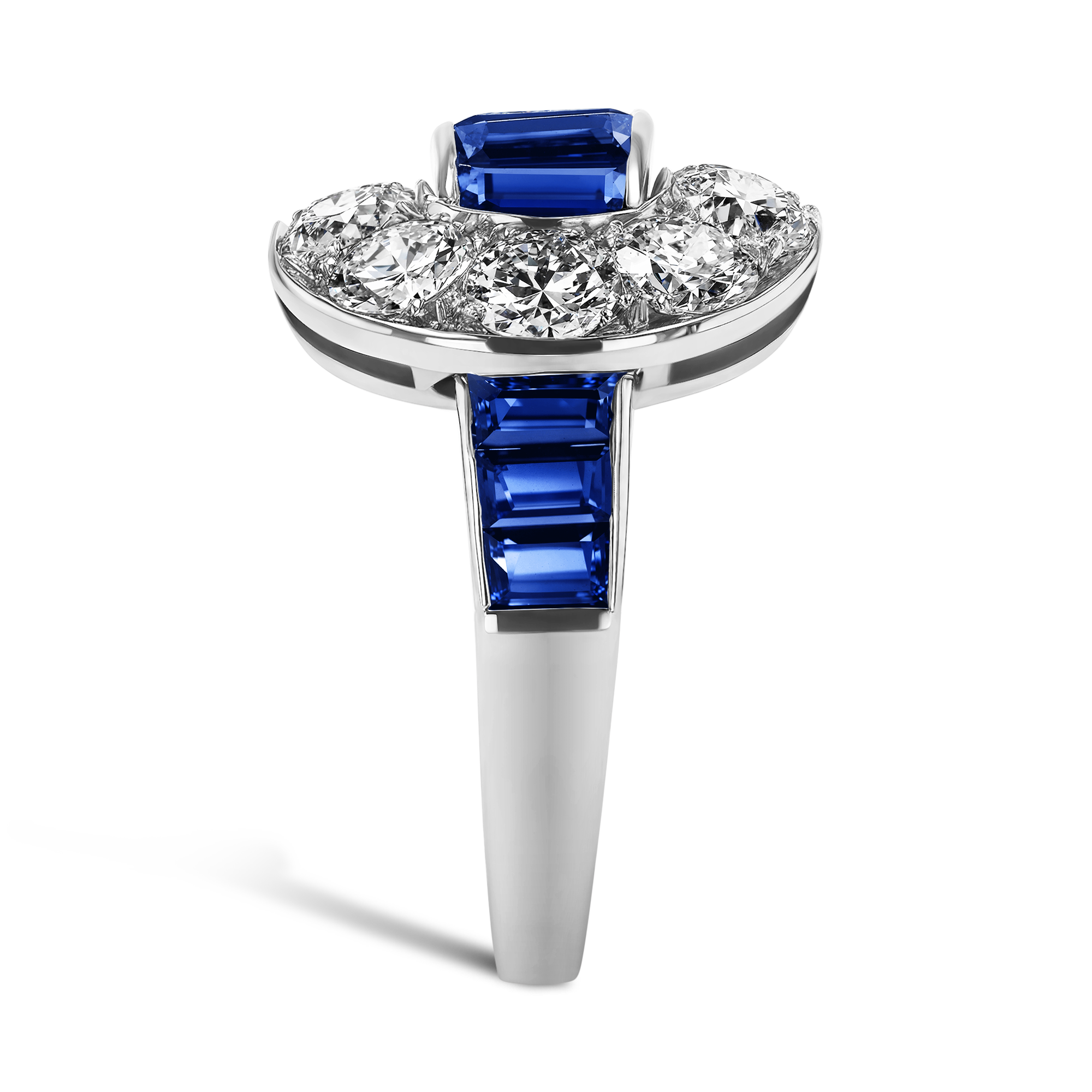 Art Deco Sapphire and Diamond Buckle Ring Baguette Cut, Channel Set_4