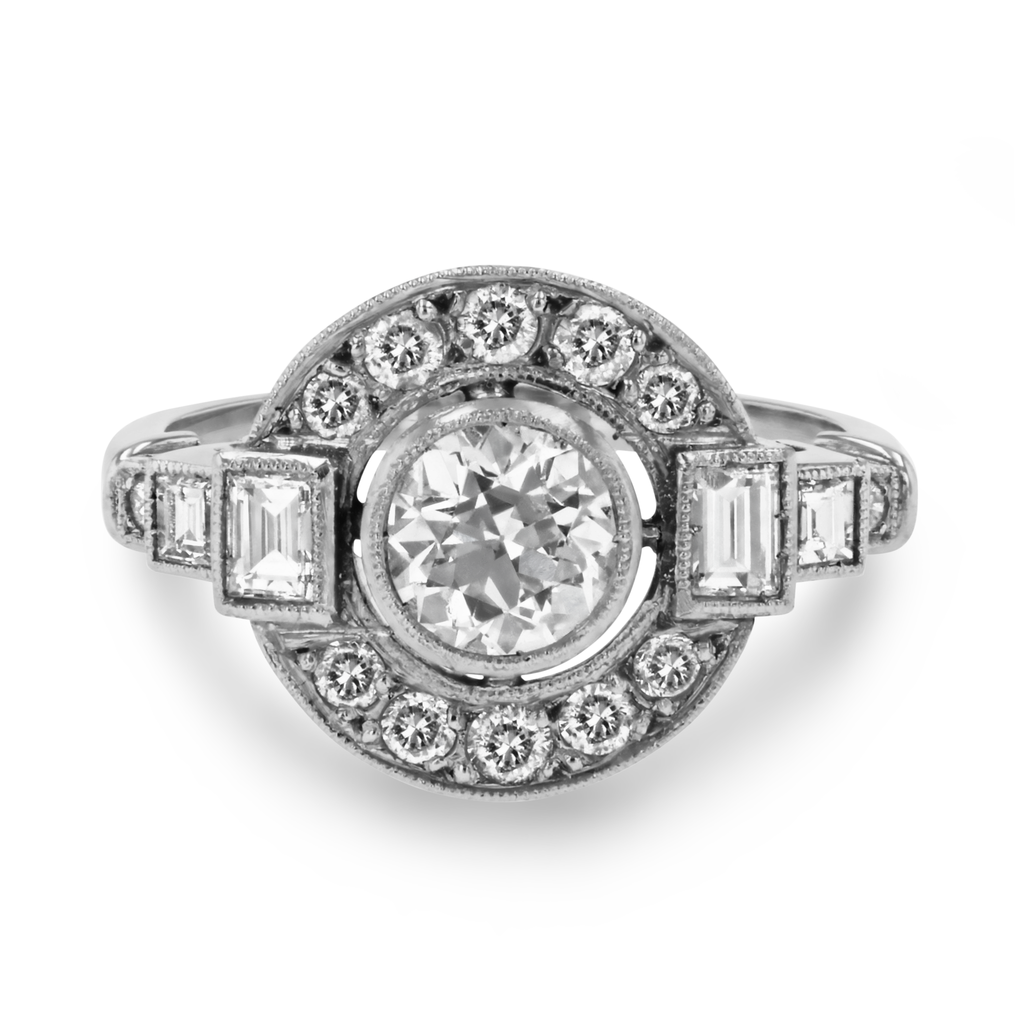 Art Deco Inspired Target Diamond Ring Round & Baguette Cut, Millegrain Set_2