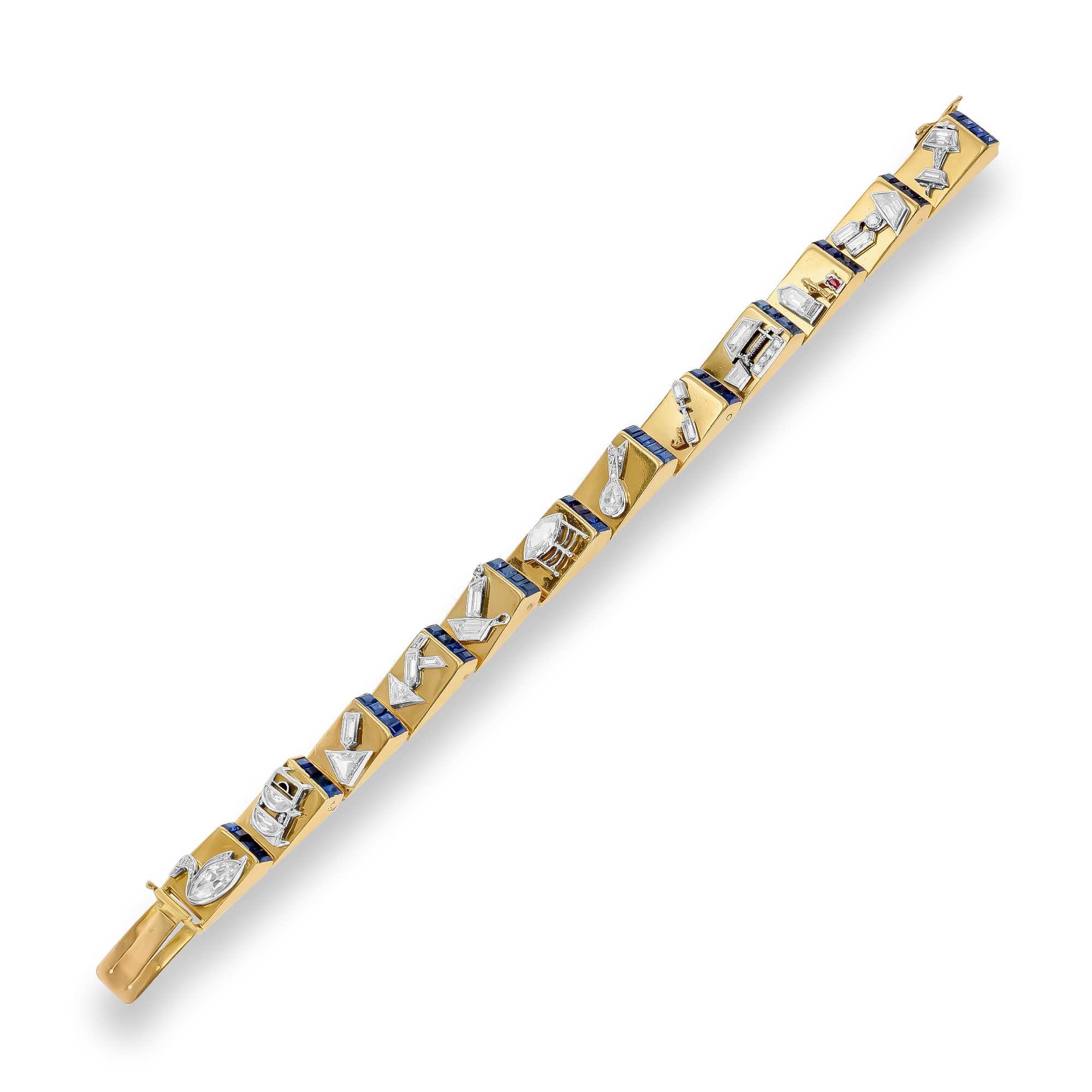 Art Deco Calibre Cut Sapphire and Diamond Charm Bracelet Calibre Cut, Channel Set_2