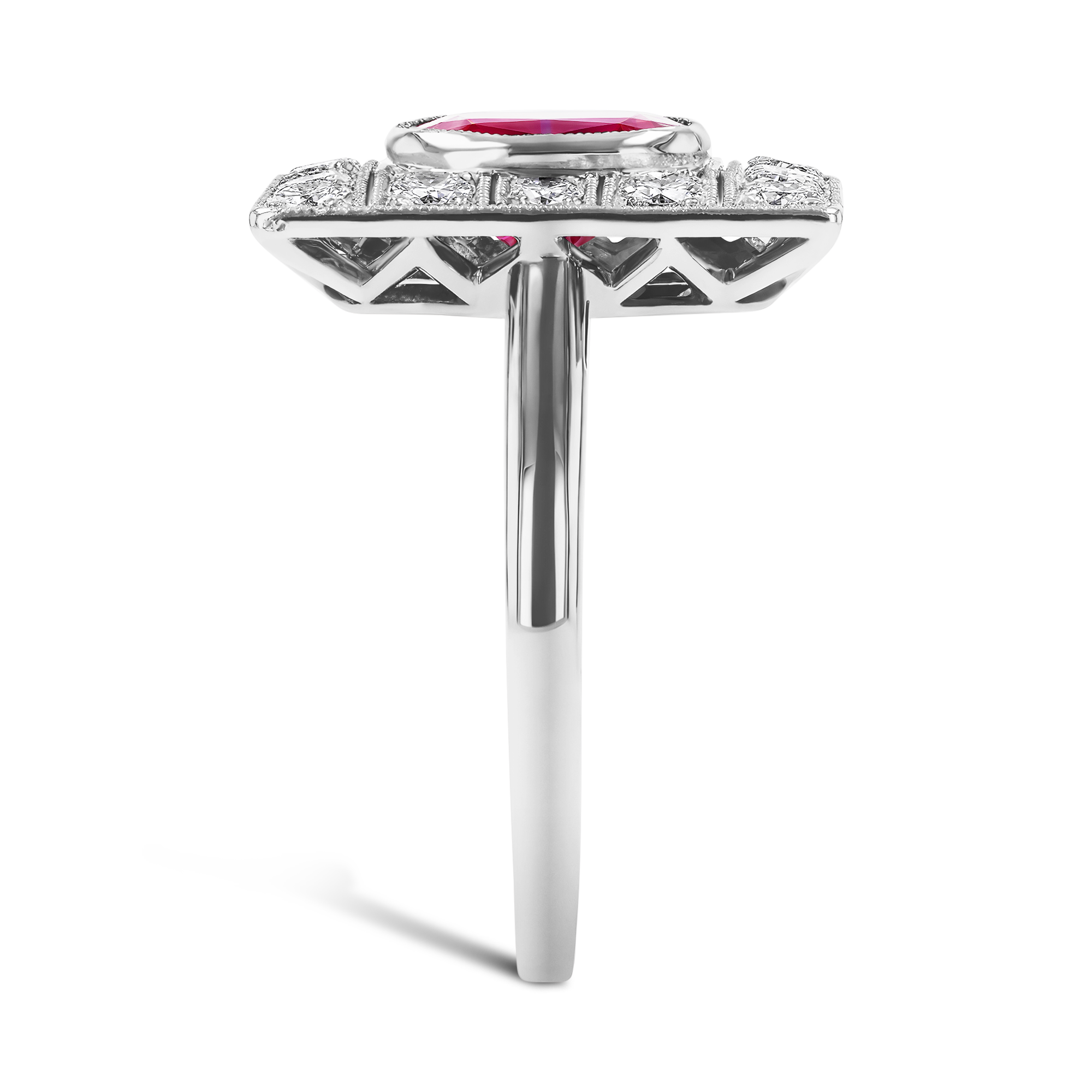 Art Deco 1.30ct Burmese Ruby and Diamond Plaque Ring Cushion Antique Cut, Millegrain_4