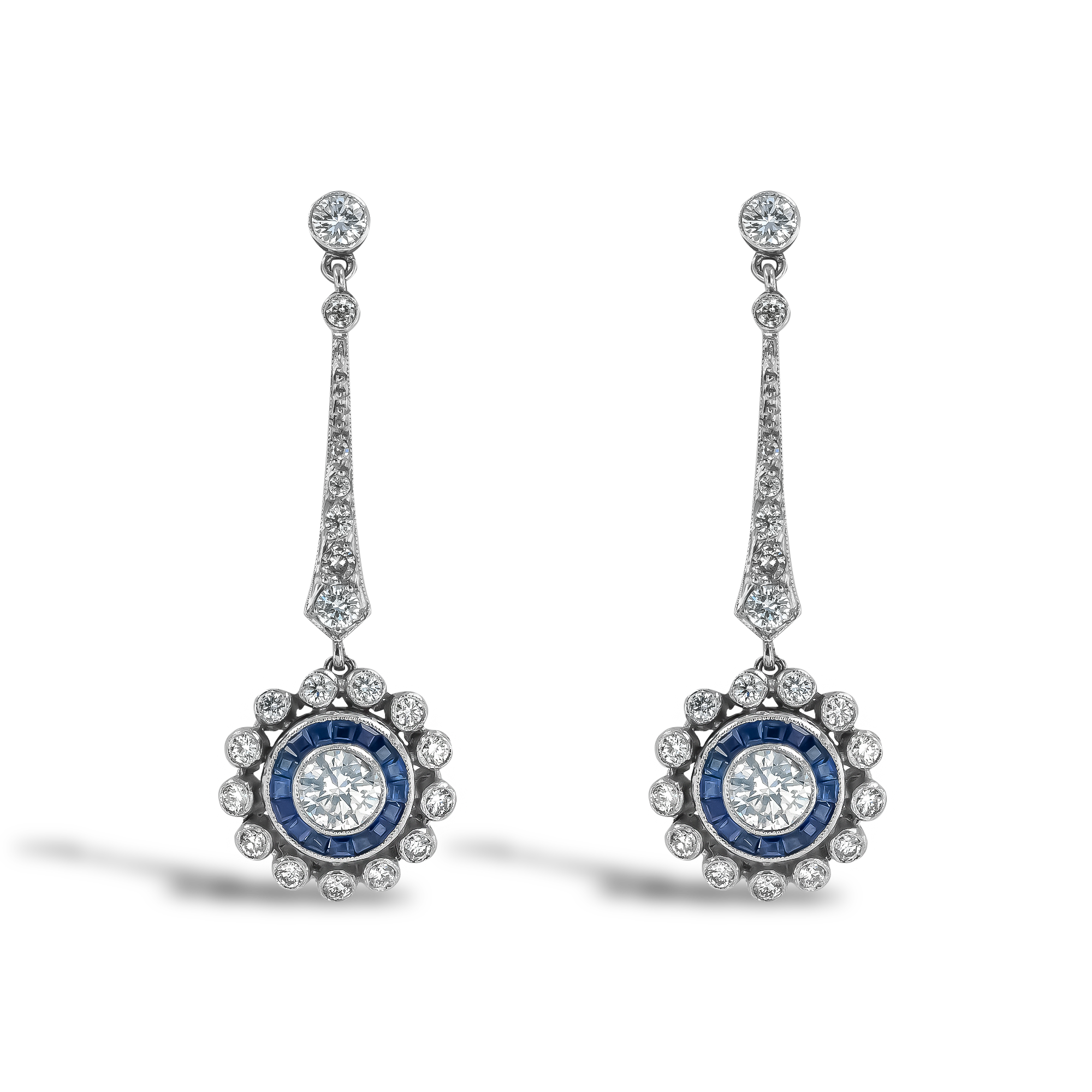 Art Deco Inspired Brilliant Cut Diamond and Sapphire Target Style Drop Earrings Brilliant Cut, Millegrain Set_1
