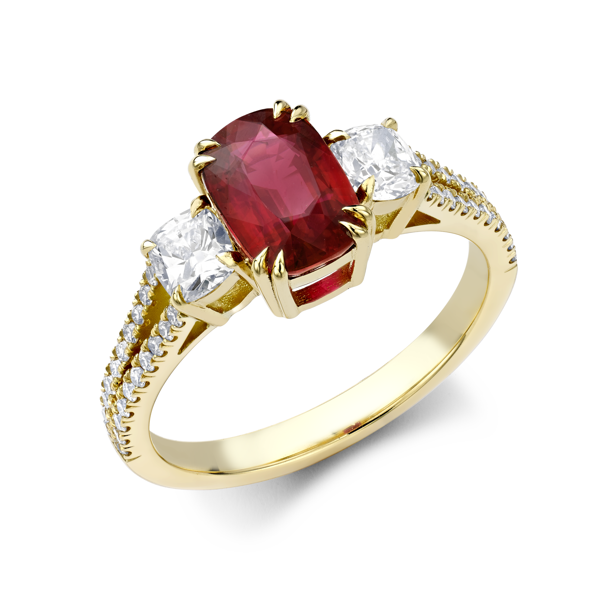 Mozambique 2.04ct Ruby and Diamond Three Stone Ring Cushion Cut, Claw Set_1