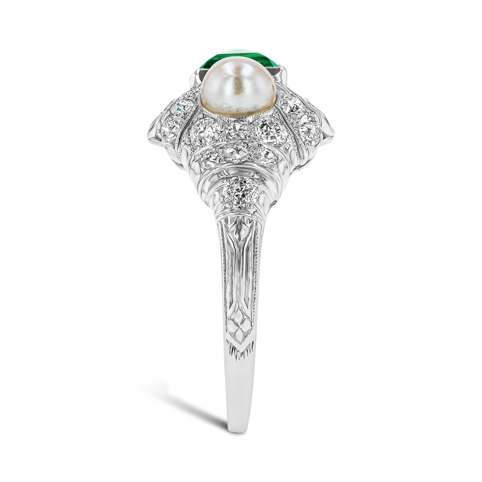 Edwardian 0.46ct Emerald Cut Emerald, Pearl and Diamond Ring Emerald Cut, Millegrain Set_4