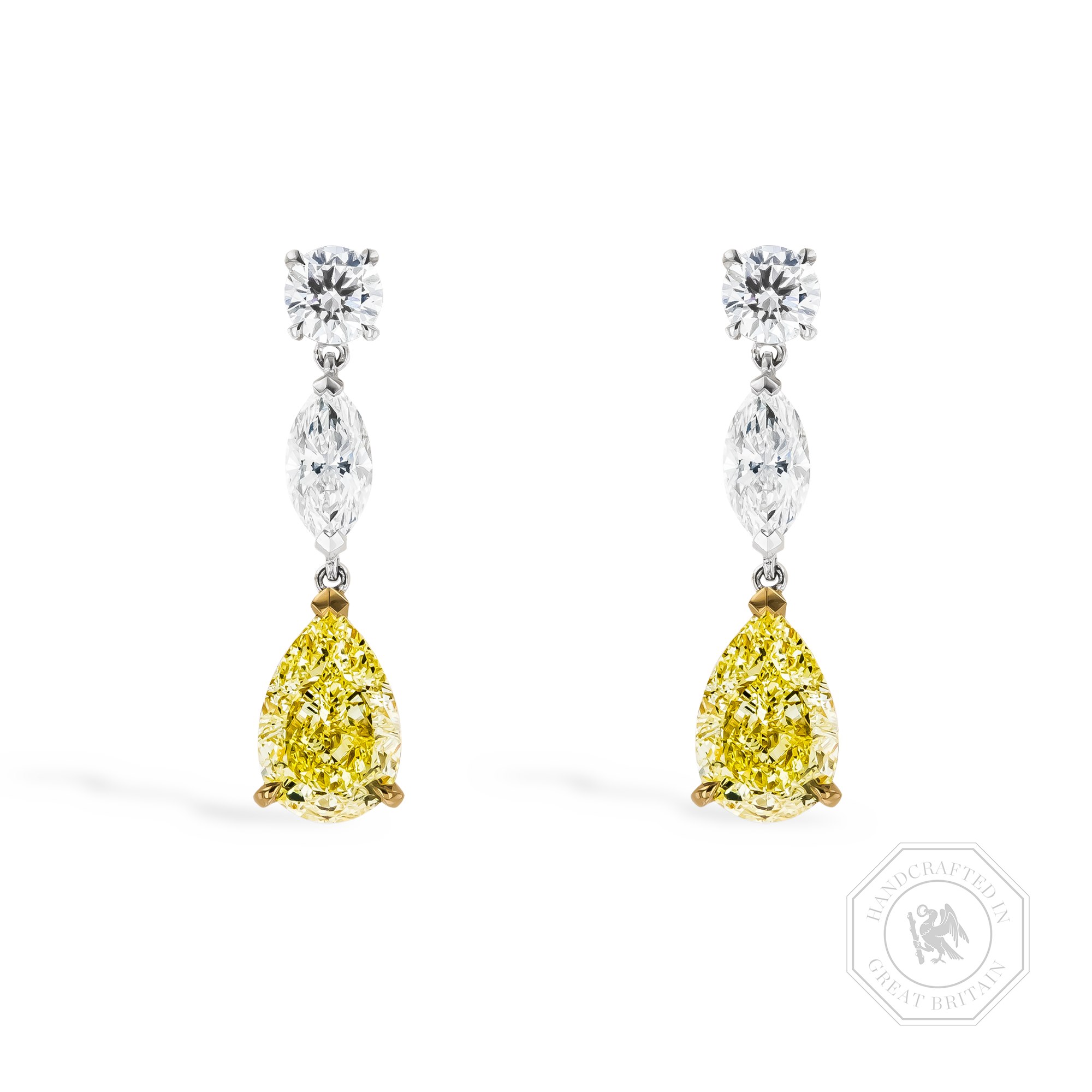 Pear Shaped 3.04ct Fancy Yellow Diamond Drop Earrings Pear, Marquise & Brilliant Cut, Claw Set_1