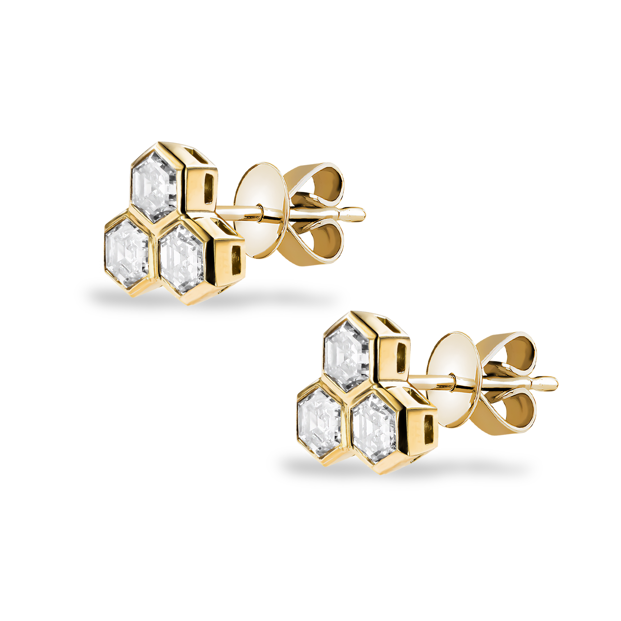 Honeycomb 0.34ct Diamond Trilogy Earrings Hexagonal Cut, Rubover Set_2