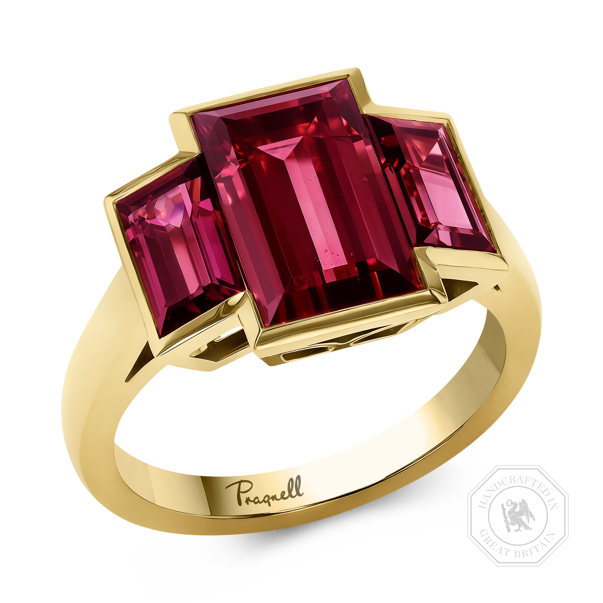 Kingdom 5.95ct Rhodolite Garnet Three Stone Ring Baguette Cut, Rubover Set_1