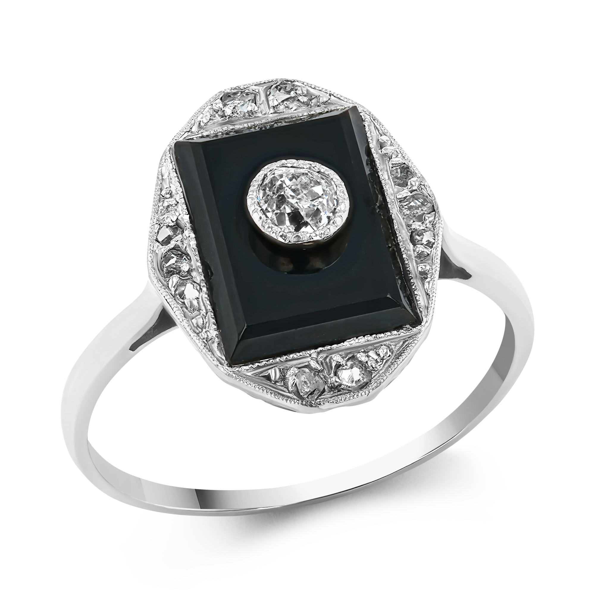 Art Deco Old Mine Cut Diamond and Onyx Cluster Ring Old Mine Cut, Millegrain Set_1