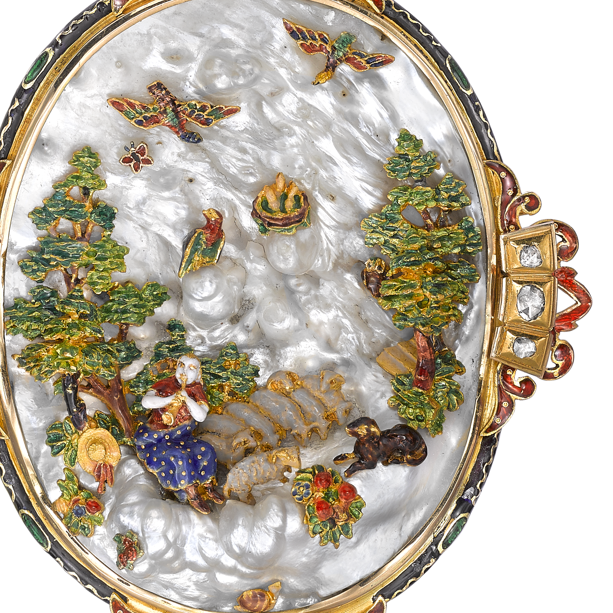 Victorian Mother of Pearl Brooch Landscape Pin Brooch, with Enamel Detail_3