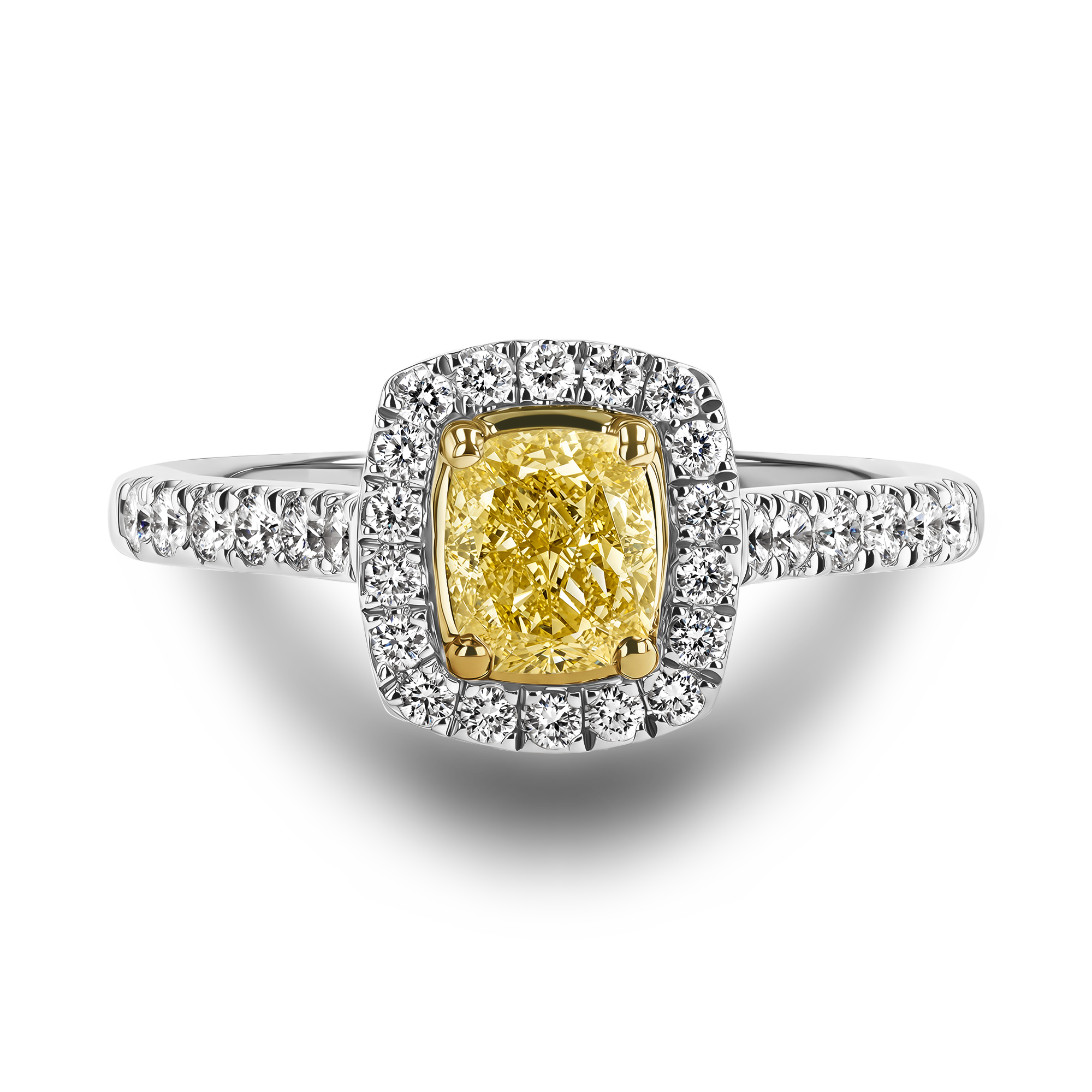 Celestial 0.80ct Fancy Yellow Diamond Cluster Ring Cushion modern cut, Claw set_2