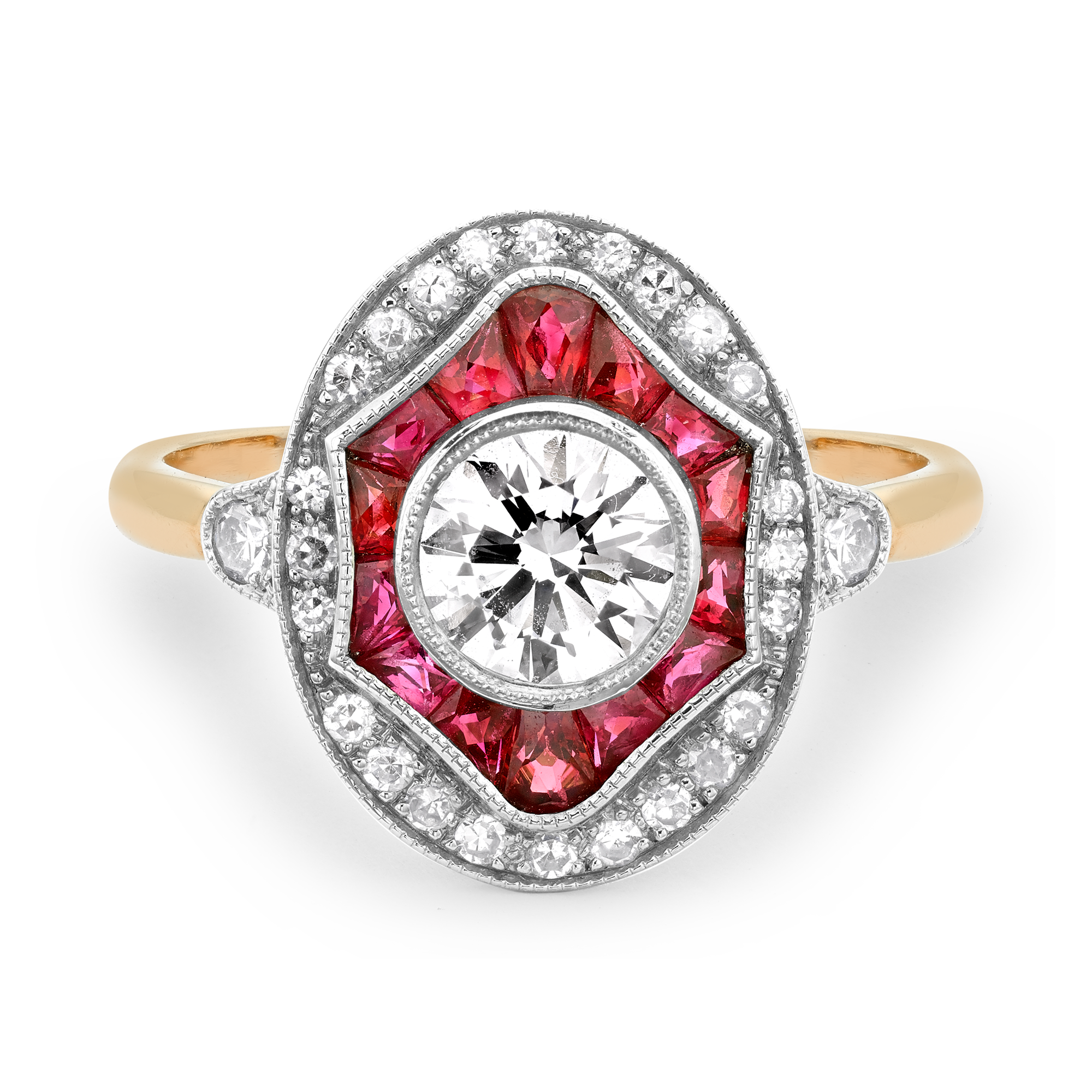 Art Deco Style Diamond and Ruby Ring Brilliant & Trapeze Cut, Grain Set_2