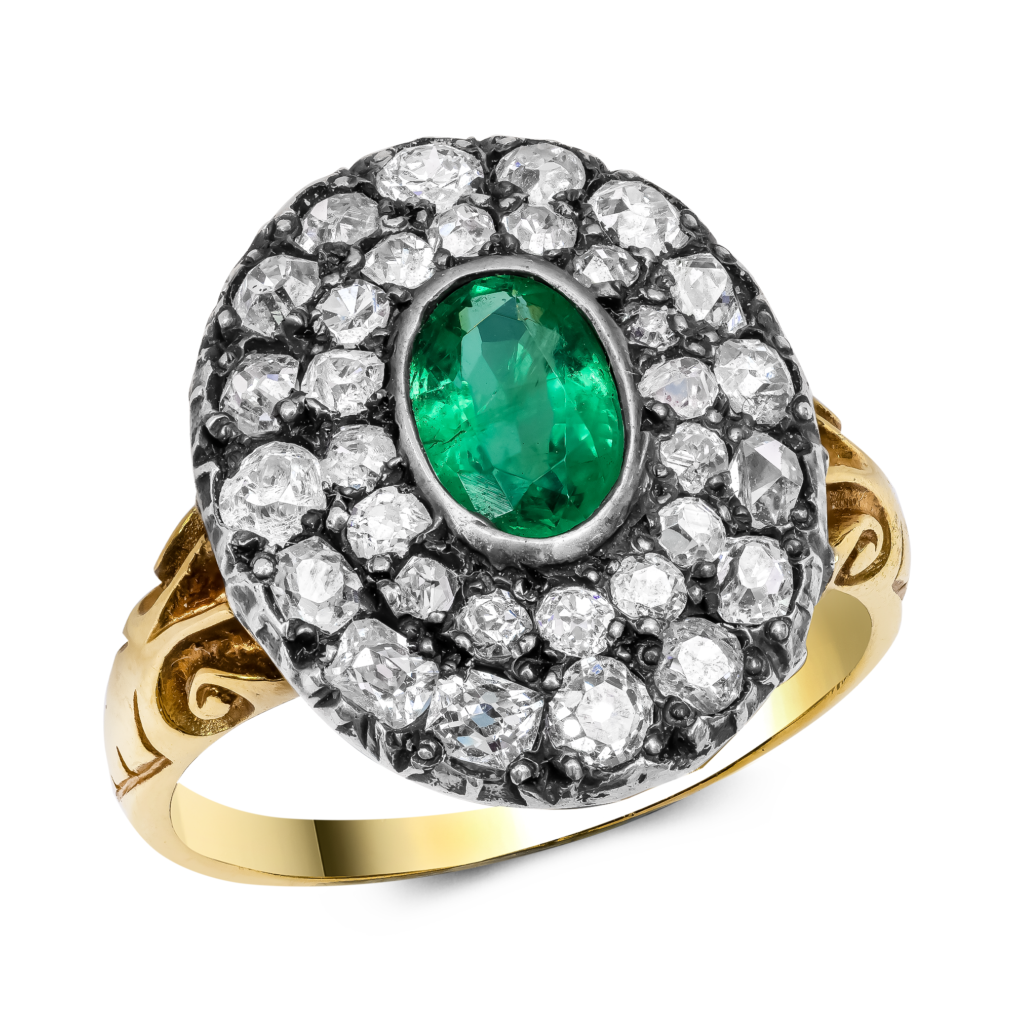 Victorian Oval Cut 0.60ct Emerald and Diamond Cluster Ring Oval Cut, Rubover Set_1