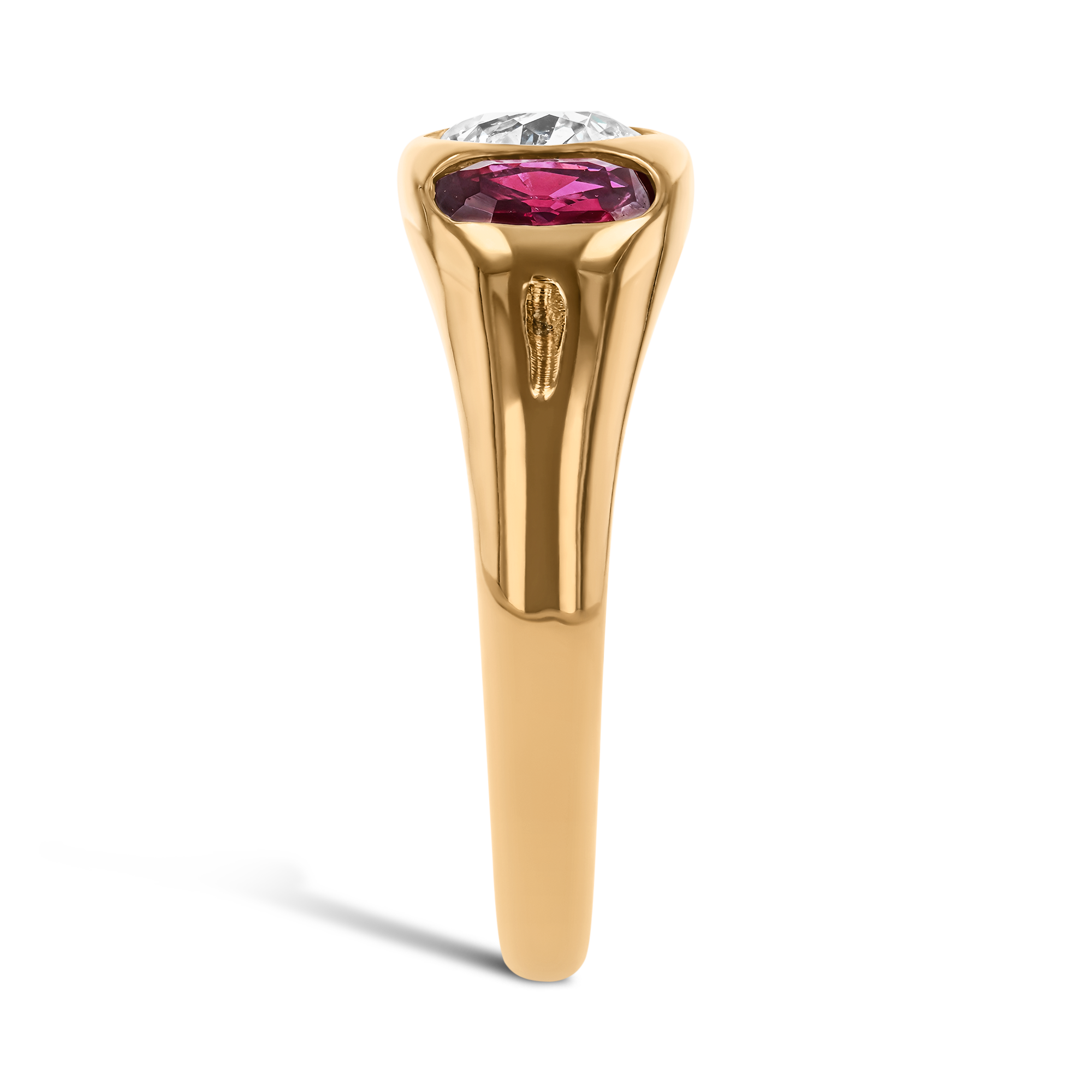 Old Cut Diamond, Sapphire and Ruby Three Stone Ring Old & Oval Cut, Gypsy Set_4