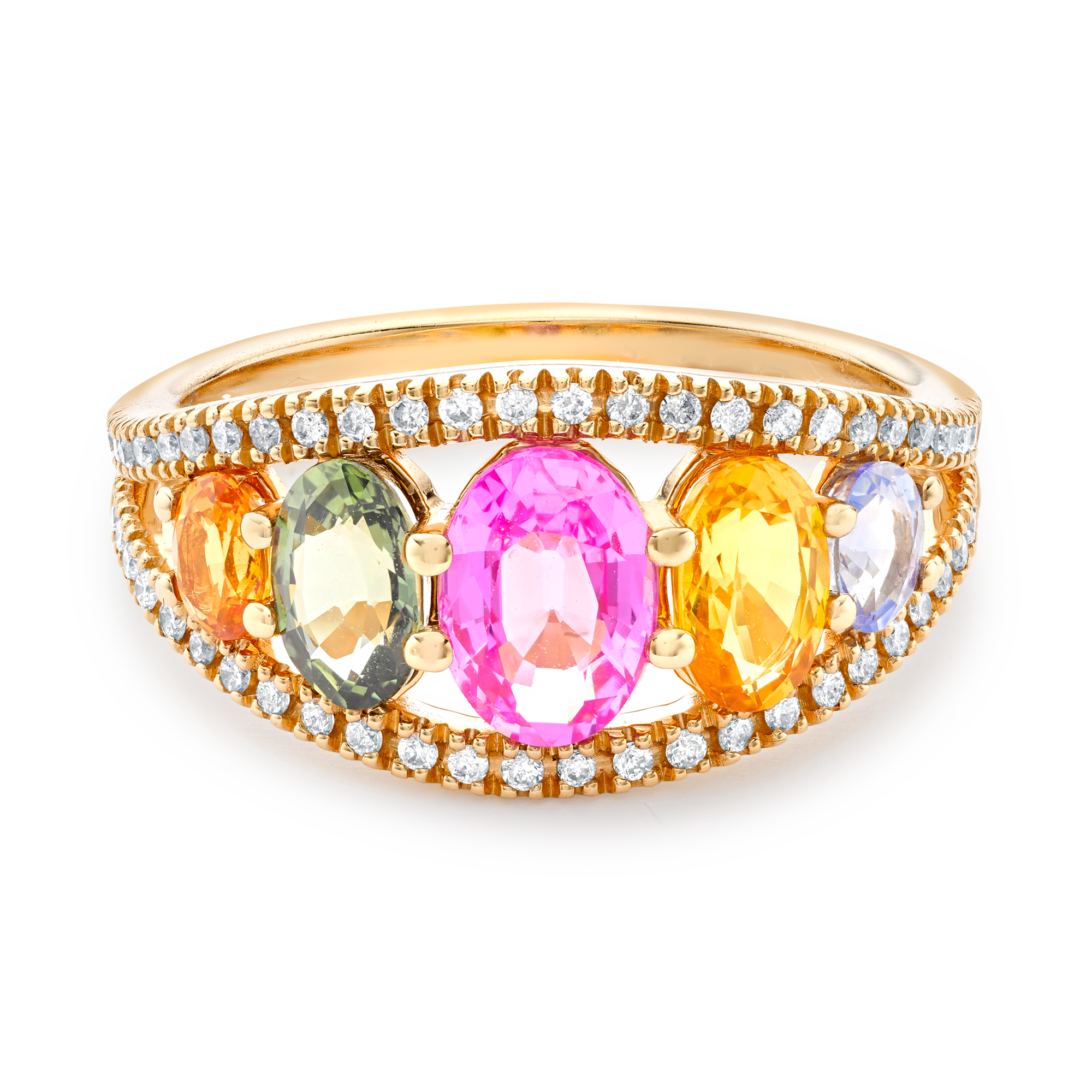 Rainbow Multi-Coloured Sapphire & Diamond Five Stone Ring Oval & Brilliant Cut, Claw Set_2
