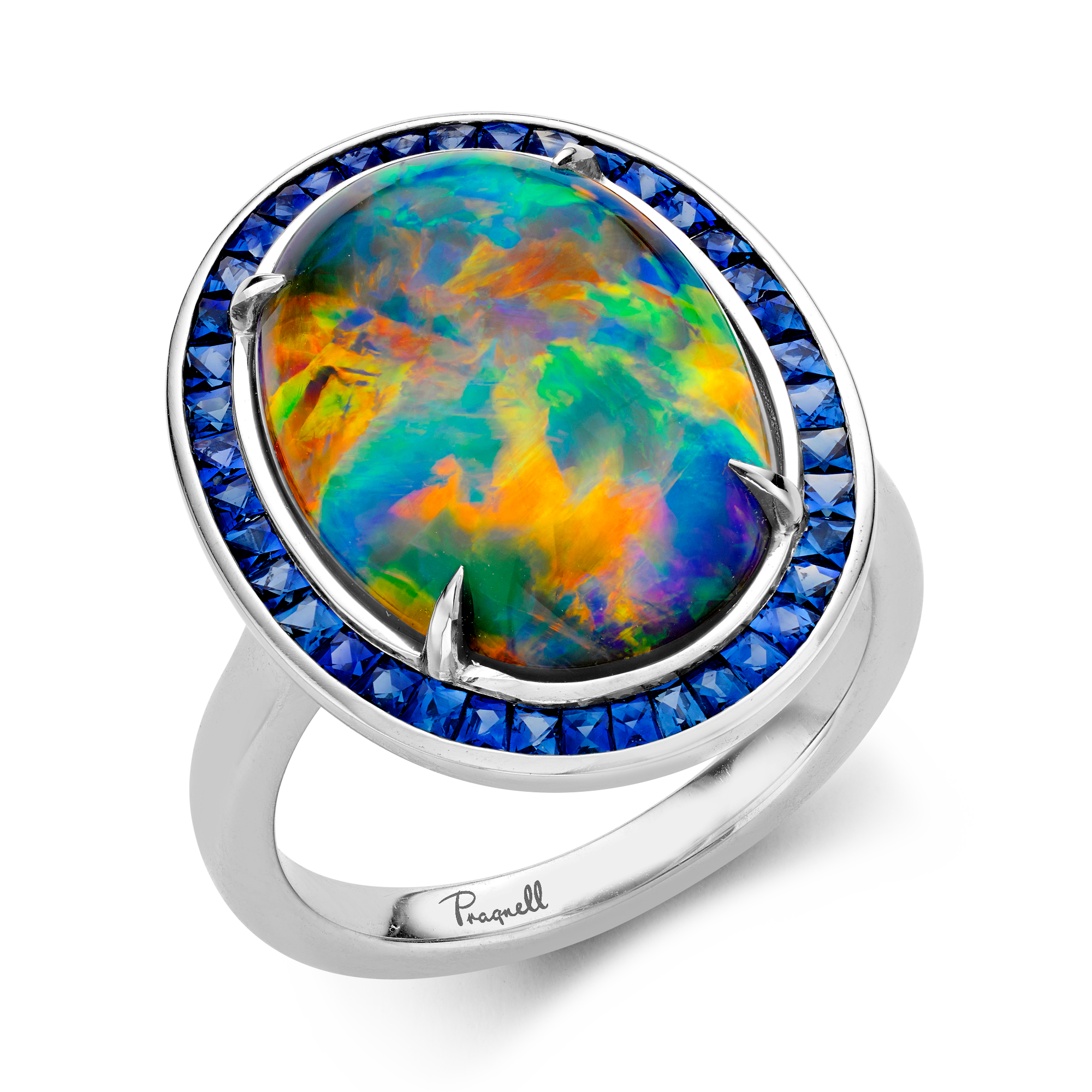 Masterpiece 8.92ct Black Opal and Sapphire Cluster Ring Cabochon Cut, Claw Set_1