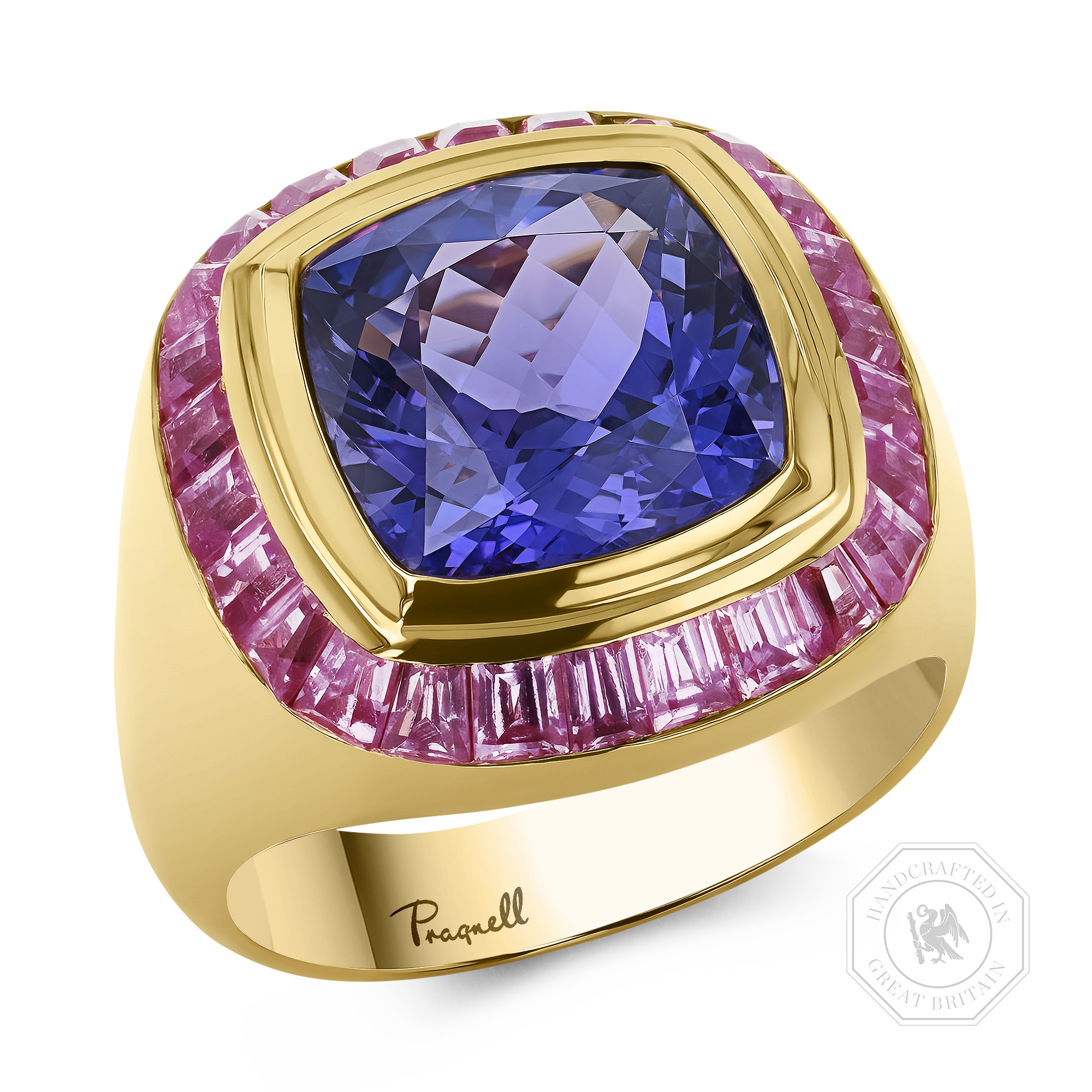 Cushion Cut Tanzanite Ring Cocktail Ring with Carre Cut Pink Sapphires_1