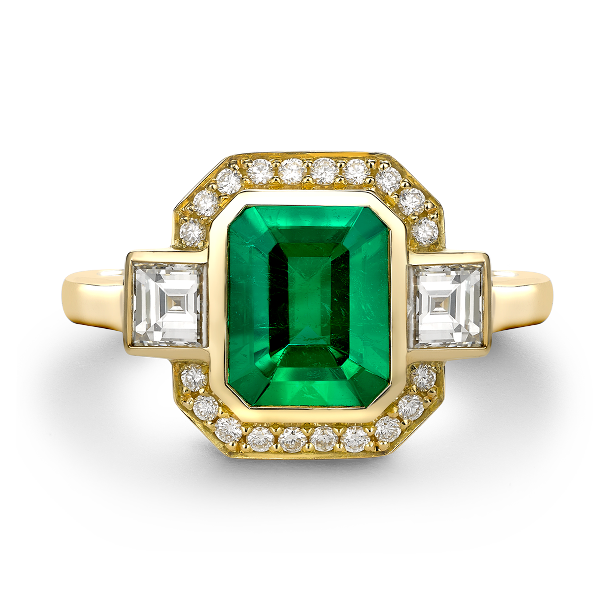 ColombianTrap Cut Emerald Ring Cluster Ring with Carre Cut Shoulders_2