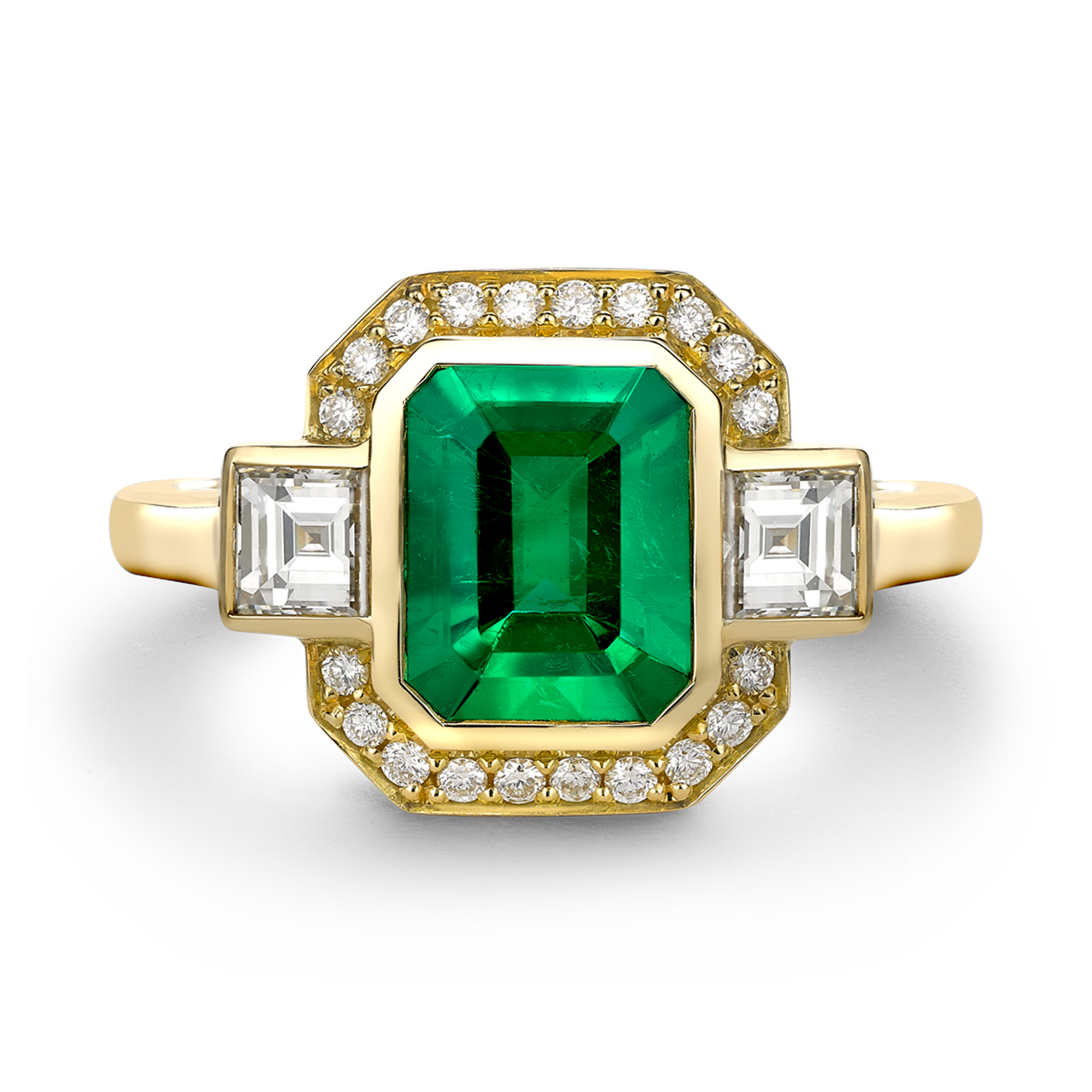 Columbian Trap Cut Emerald Ring Cluster Ring with Carre Cut Shoulders_2