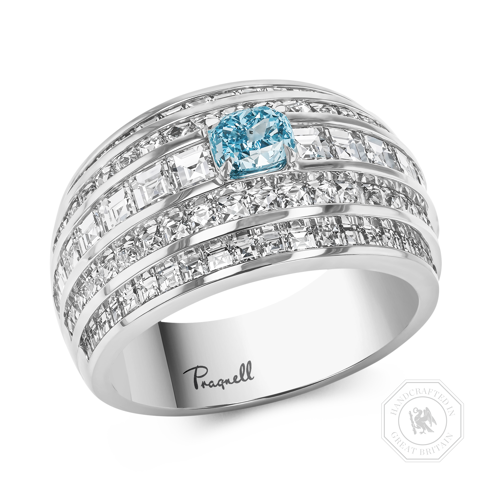 Masterpiece Manhattan Fancy Intense Blue-Green Diamond Ring Cushion, French & Carré Cut, Channel & Claw Set_1