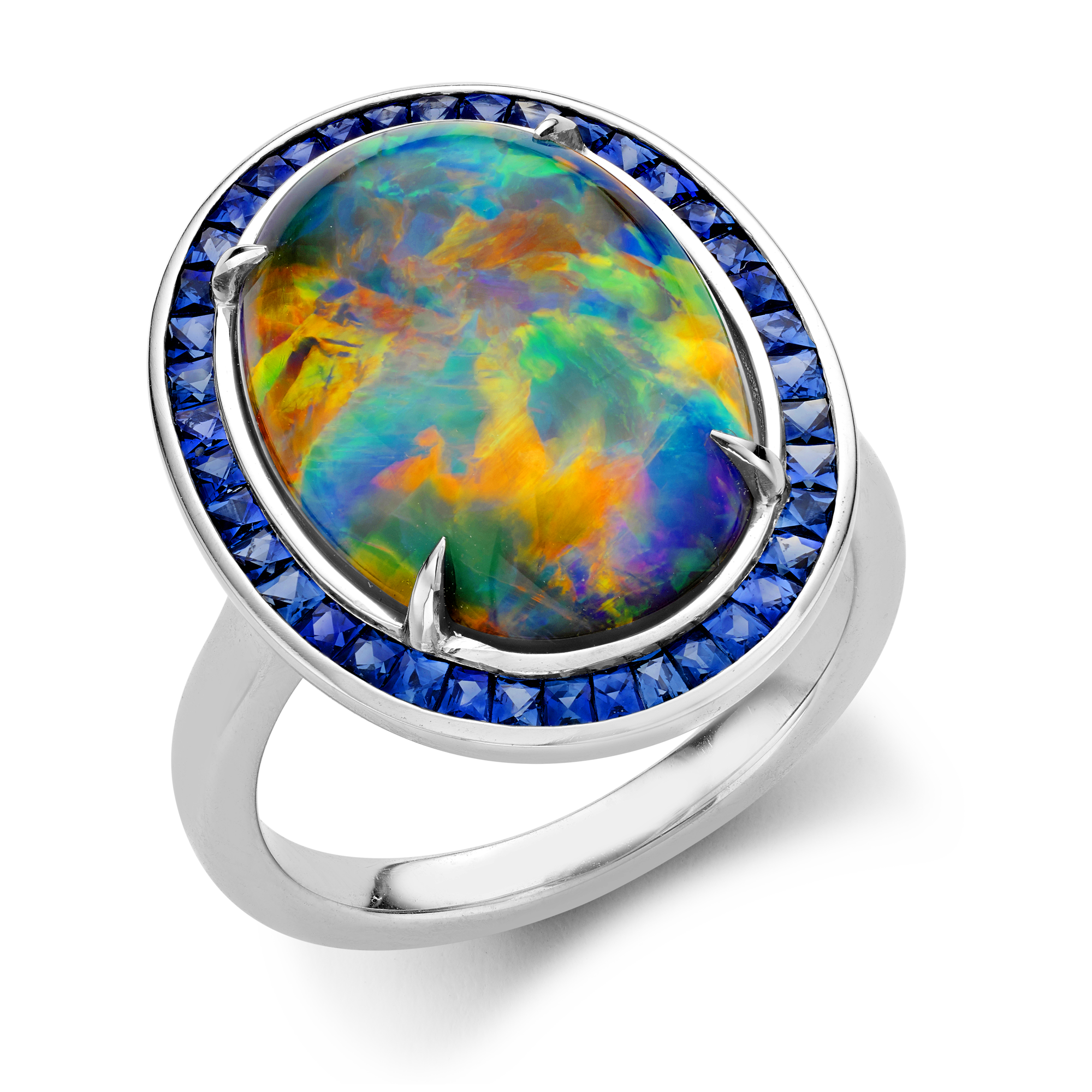 Masterpiece Black Opal Ring with Sapphire Surround Cabochon Cut, Four Claw Set_1
