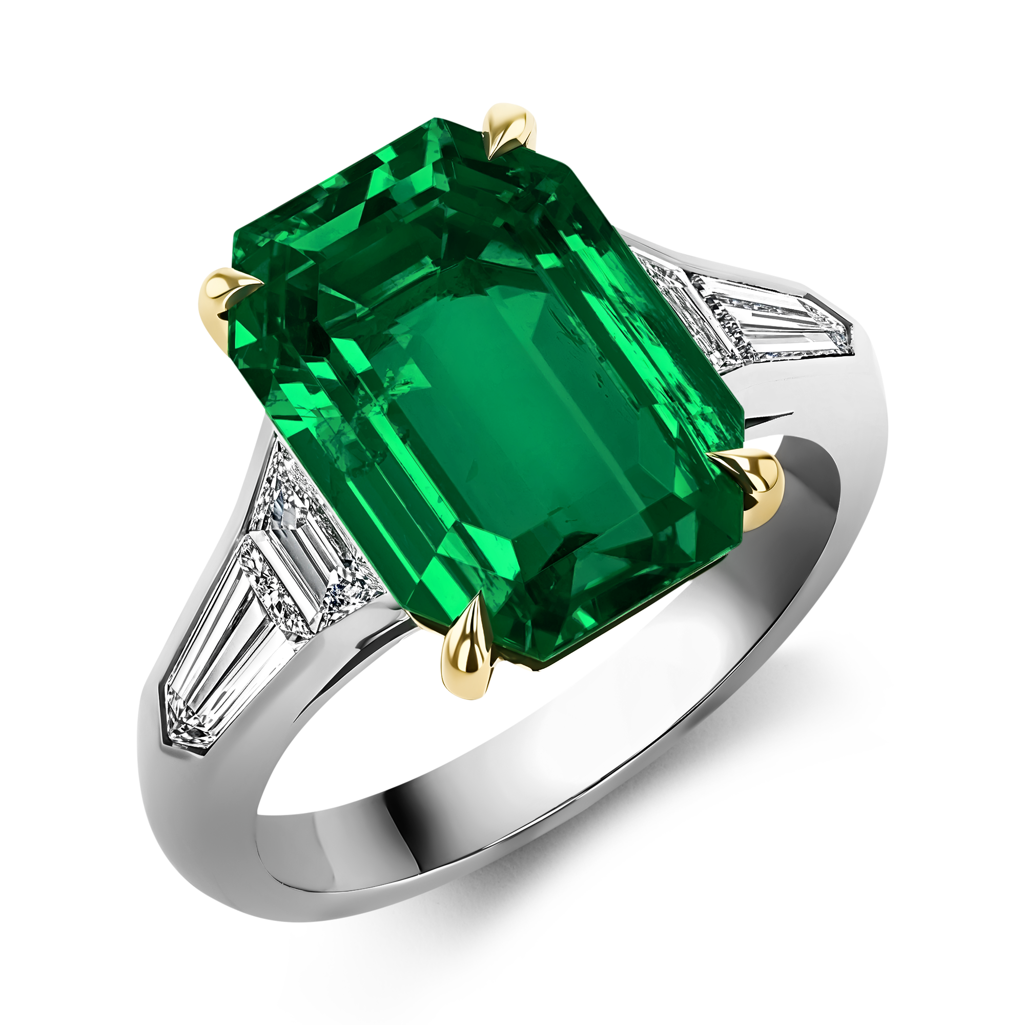 Masterpiece Octagonal Step cut Emerald Ring Four claw set flanked with Trapeze and Bullet cut Diamonds_1