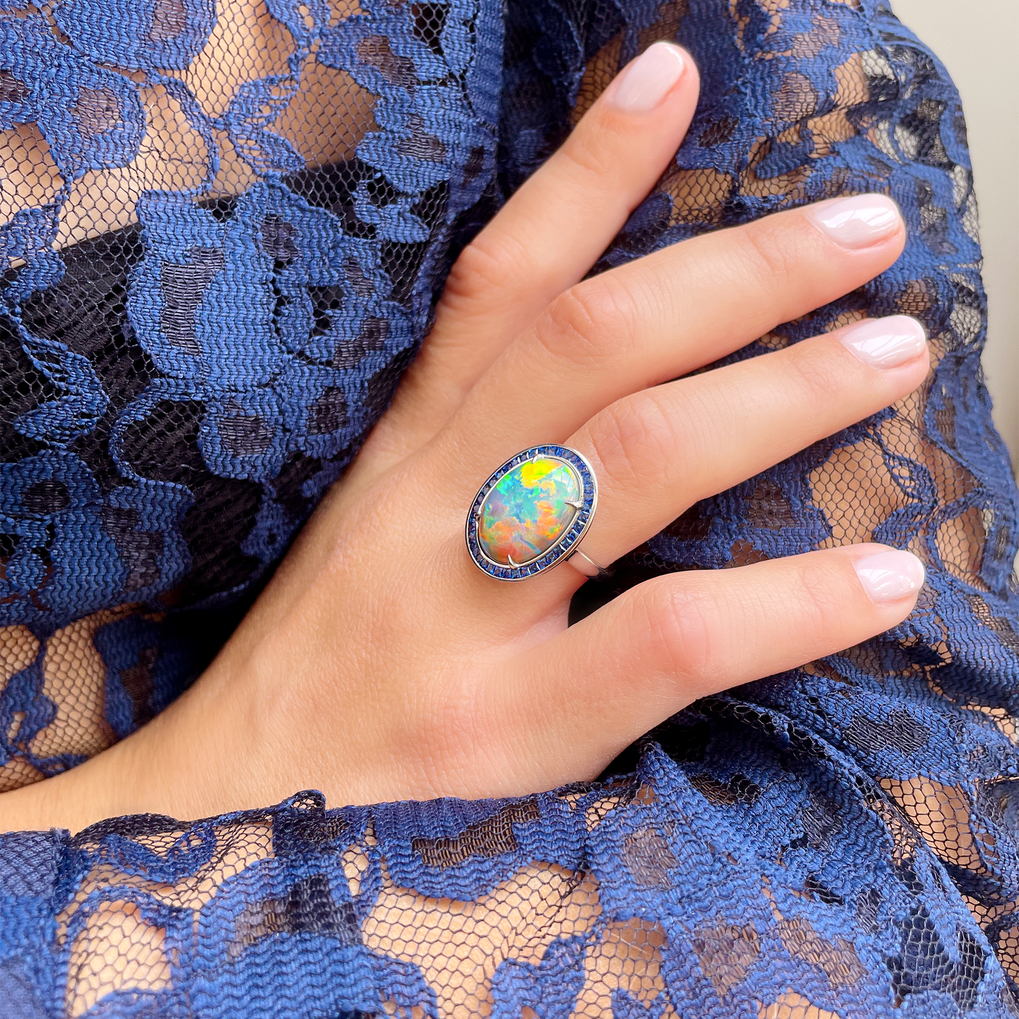 Masterpiece Black Opal Ring with Sapphire Surround Cabochon Cut, Four Claw Set_10