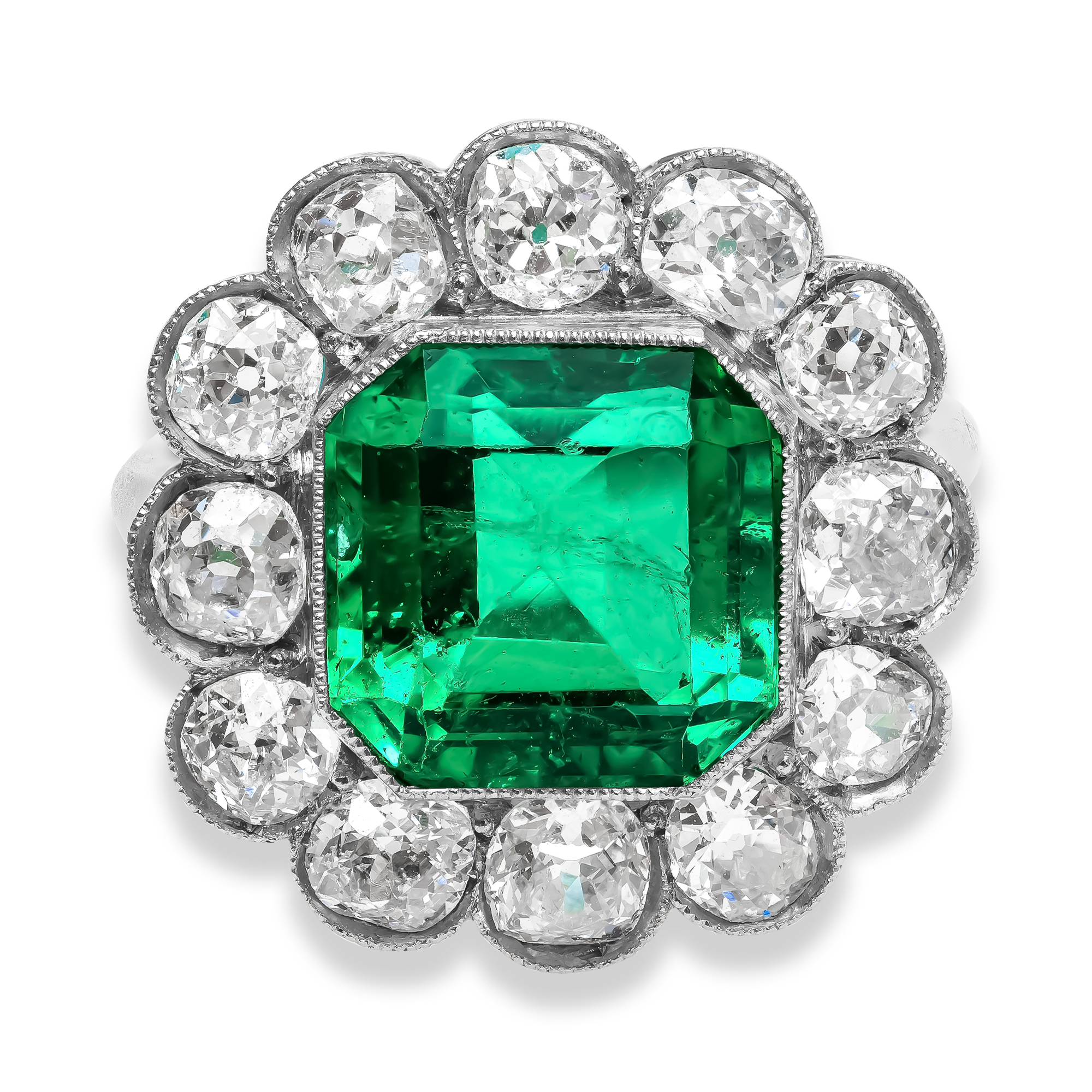 Victorian Emerald Cut Colombian Emerald and Diamond Ring Emerald Cut, Millegrain Set_2