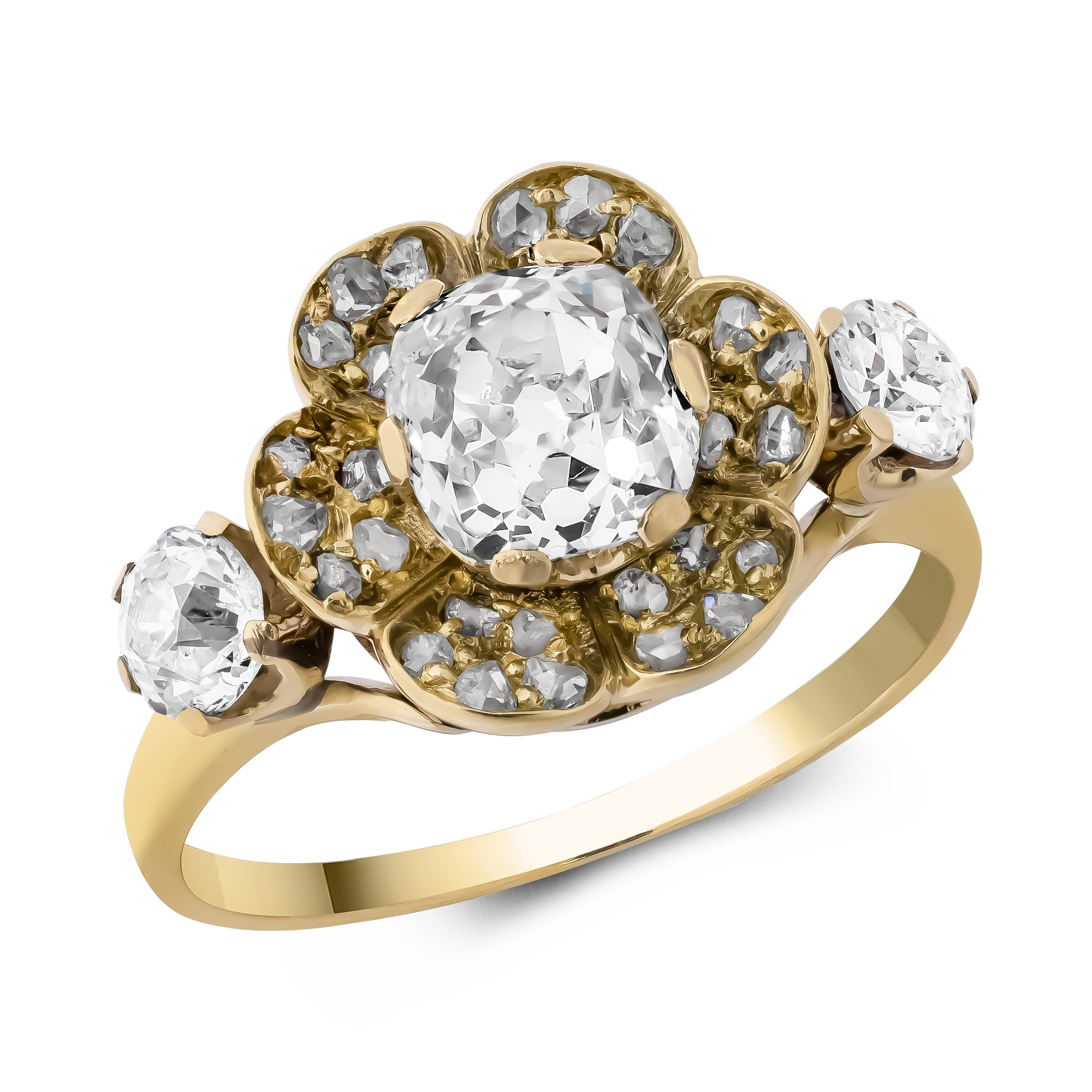 Victorian Old Mine Cut Diamond Flower Ring Old & Rose Cut, Claw Set_1