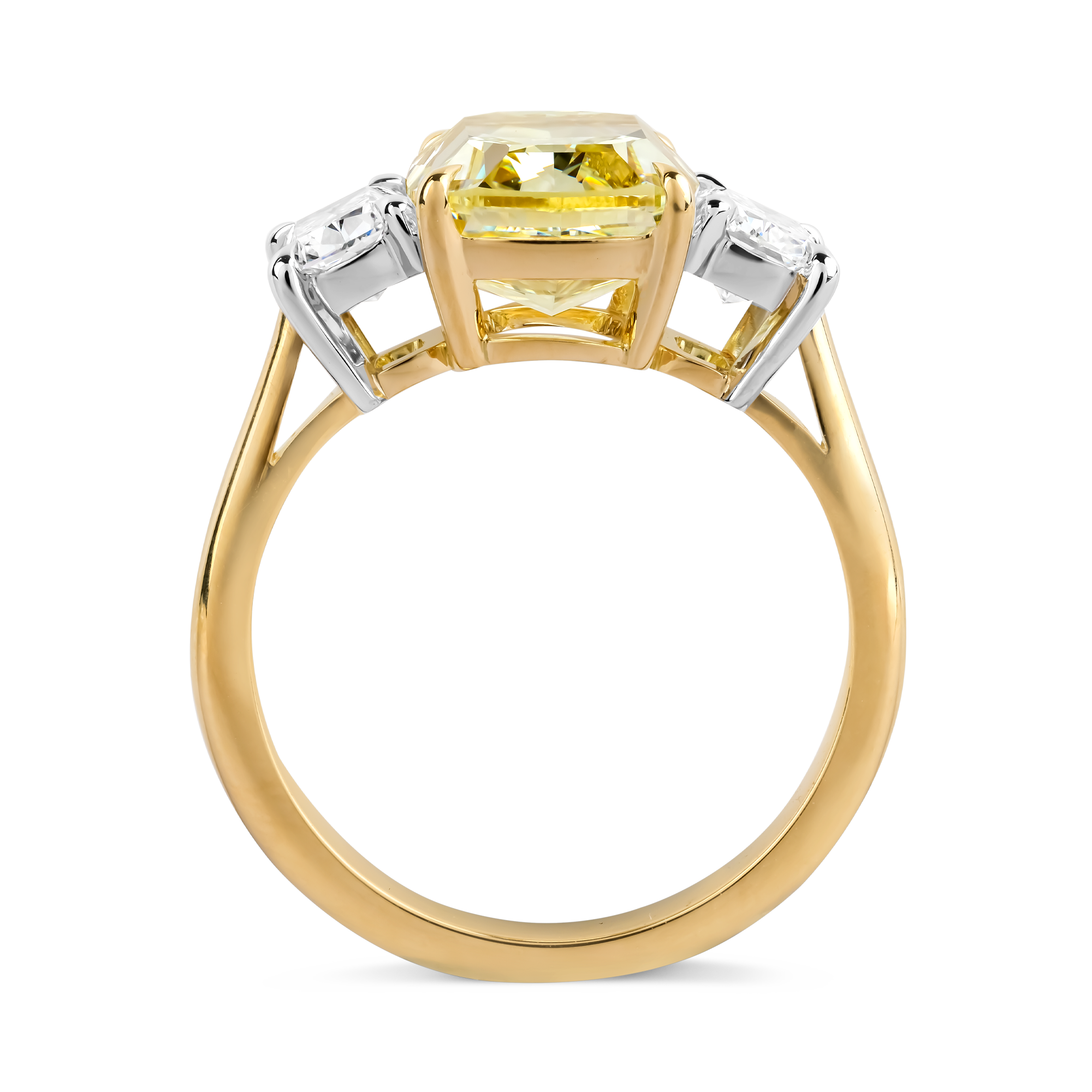 Cushion Cut 4.20ct Fancy Yellow Diamond Three Stone Ring Cushion Cut, Claw Set_3