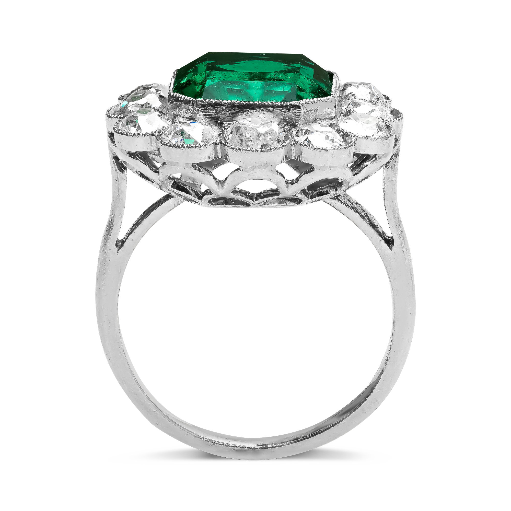Victorian Emerald Cut Colombian Emerald and Diamond Ring Emerald Cut, Millegrain Set_3