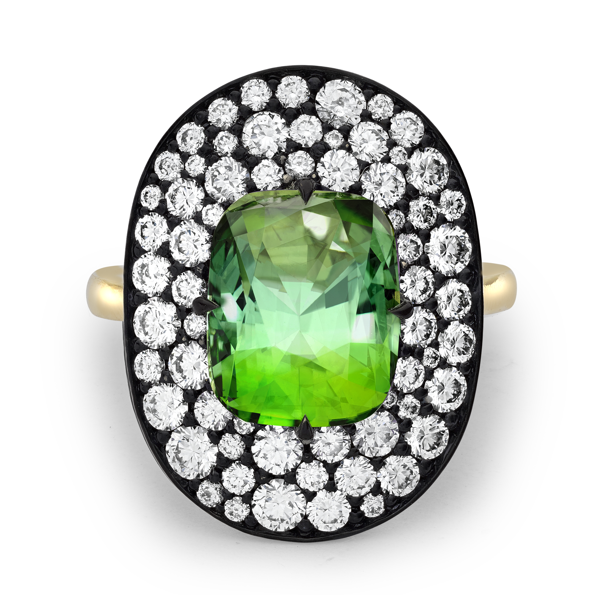 Snowstorm 4.85ct Green Tourmaline and Diamond Cocktail Ring Cushion modern cut, Claw set_2