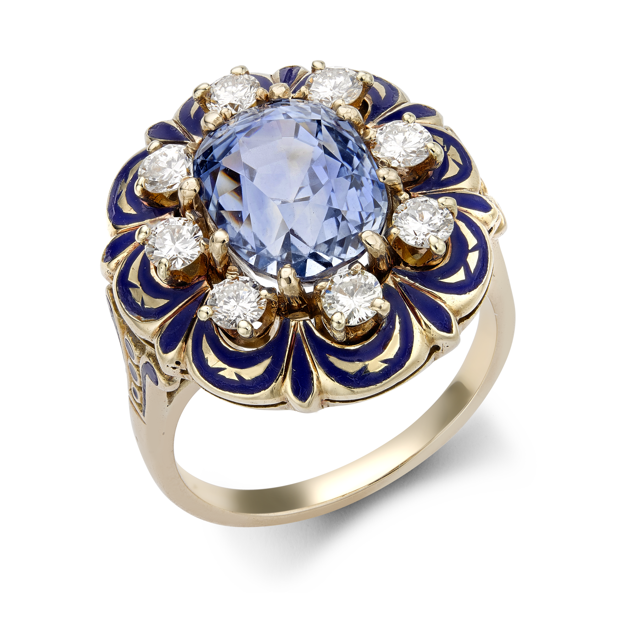 Retro American Victorian Revival Sapphire, Diamonds & Enamel Ring Oval Brilliant cut, round brilliant cut, Claw set_1