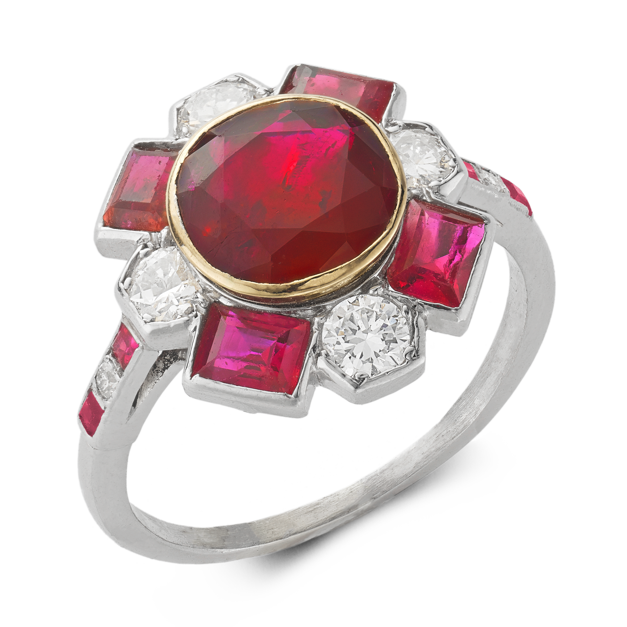 Cartier Art Deco 2.05ct Burmese Ruby and Diamond Ring Cushion Antique Cut, Rubover Set_1