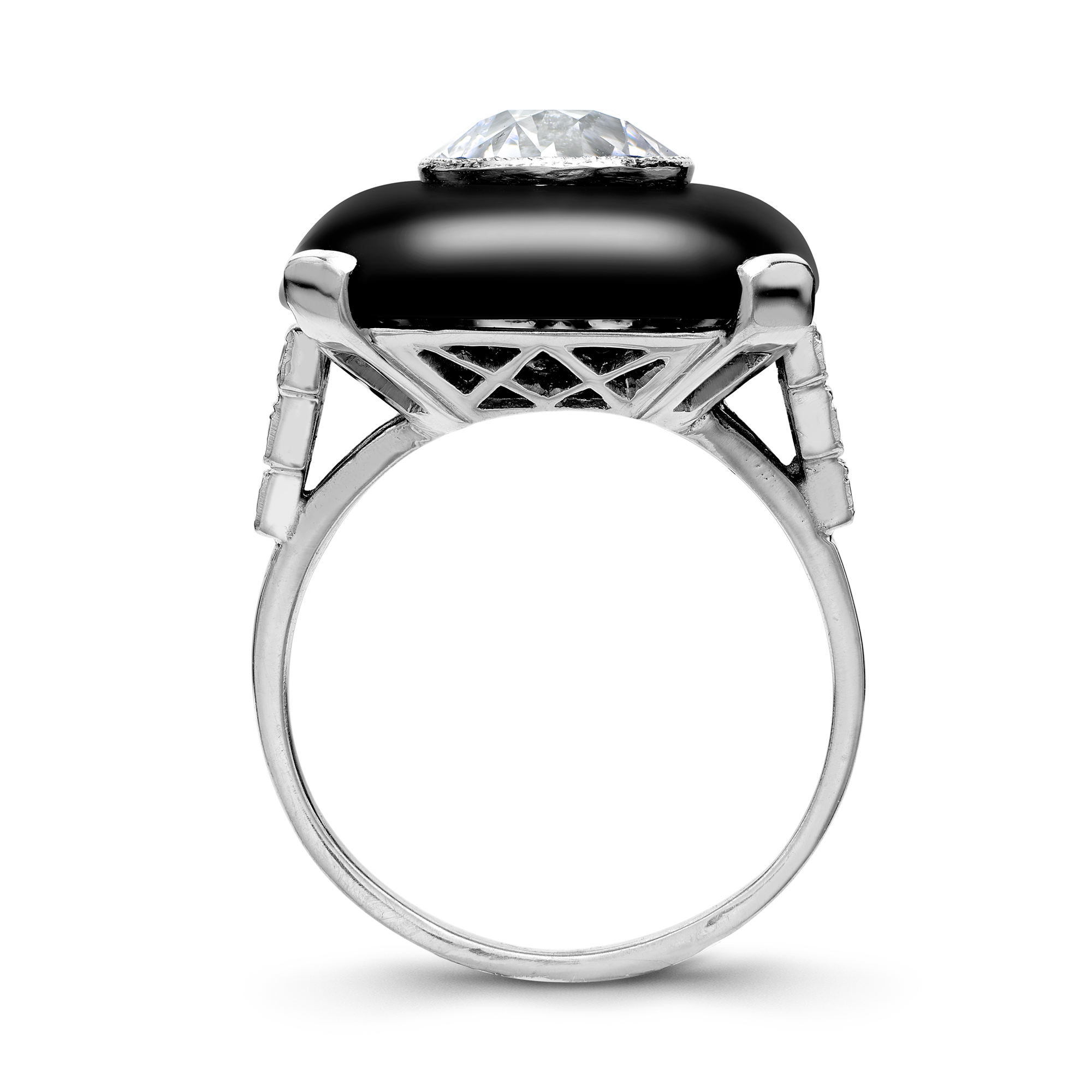 Art Deco 2.50ct Onyx and Diamond Plaque Ring Brilliant Cut, Millegrain Set_3