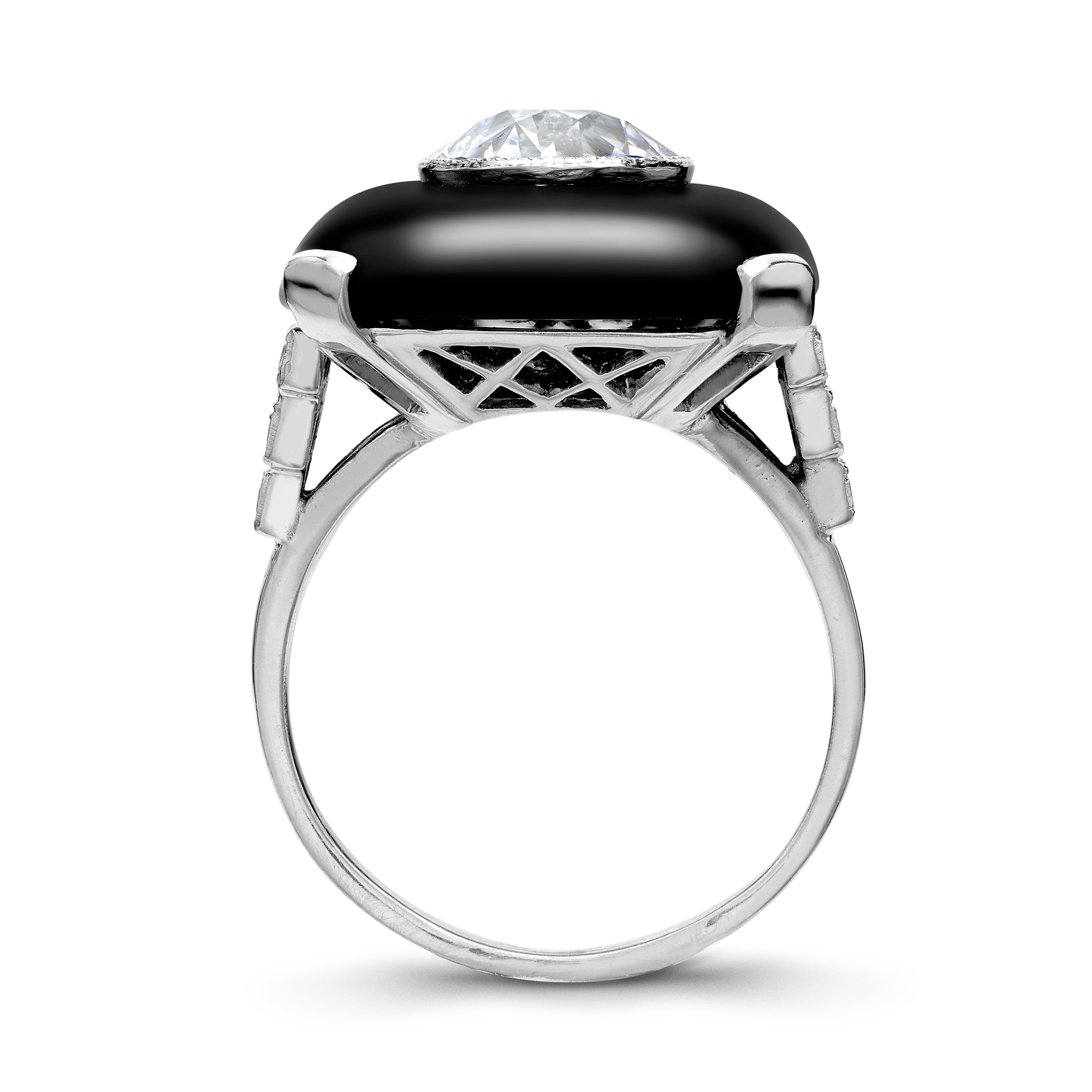 Art Deco 2.05ct Onyx and Diamond Plaque Ring Brilliant Cut, Millegrain Set_3