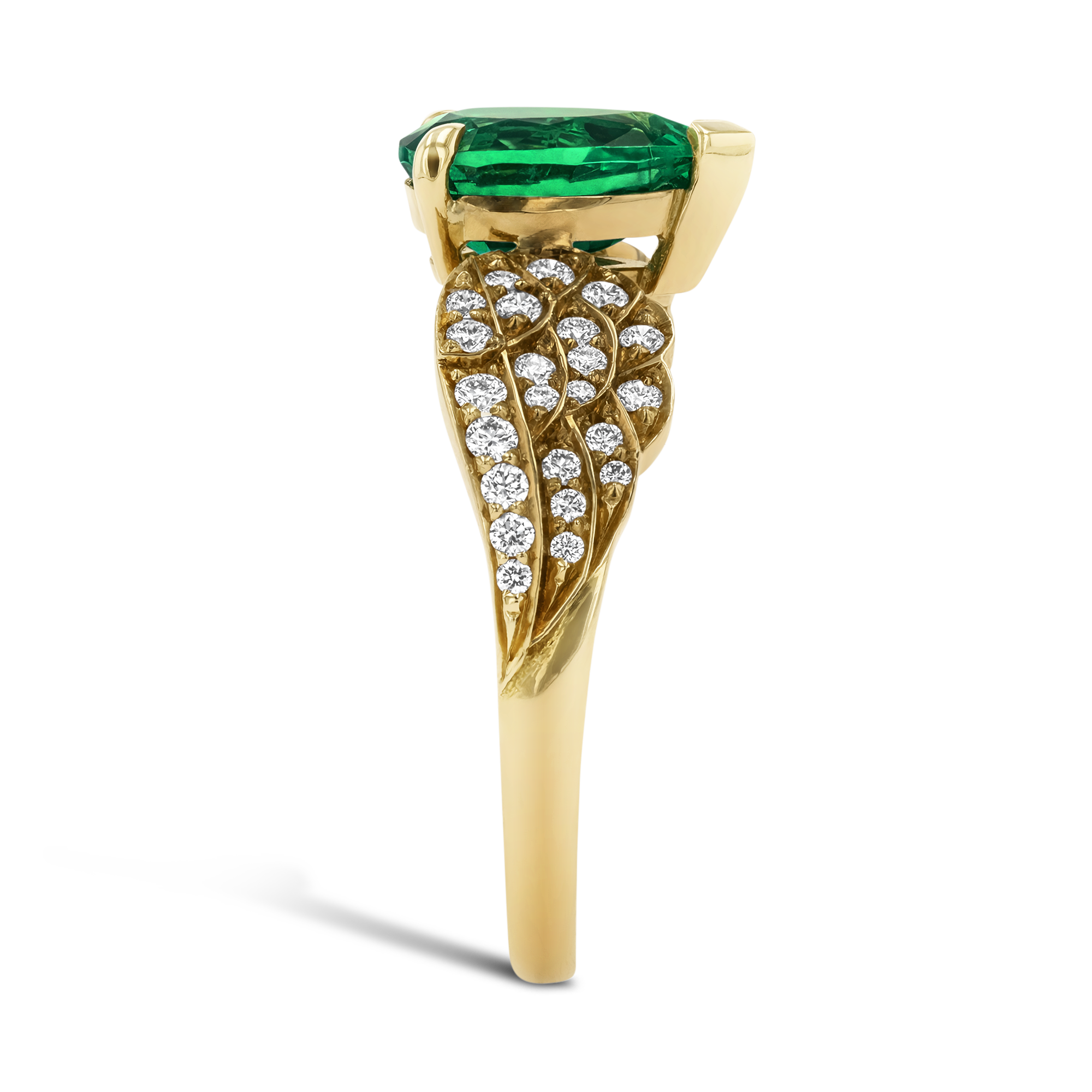 Tiara Pear Cut Emerald and Brilliant Diamond Ring Pear and Brilliant Cut, Claw and Grain Set_4