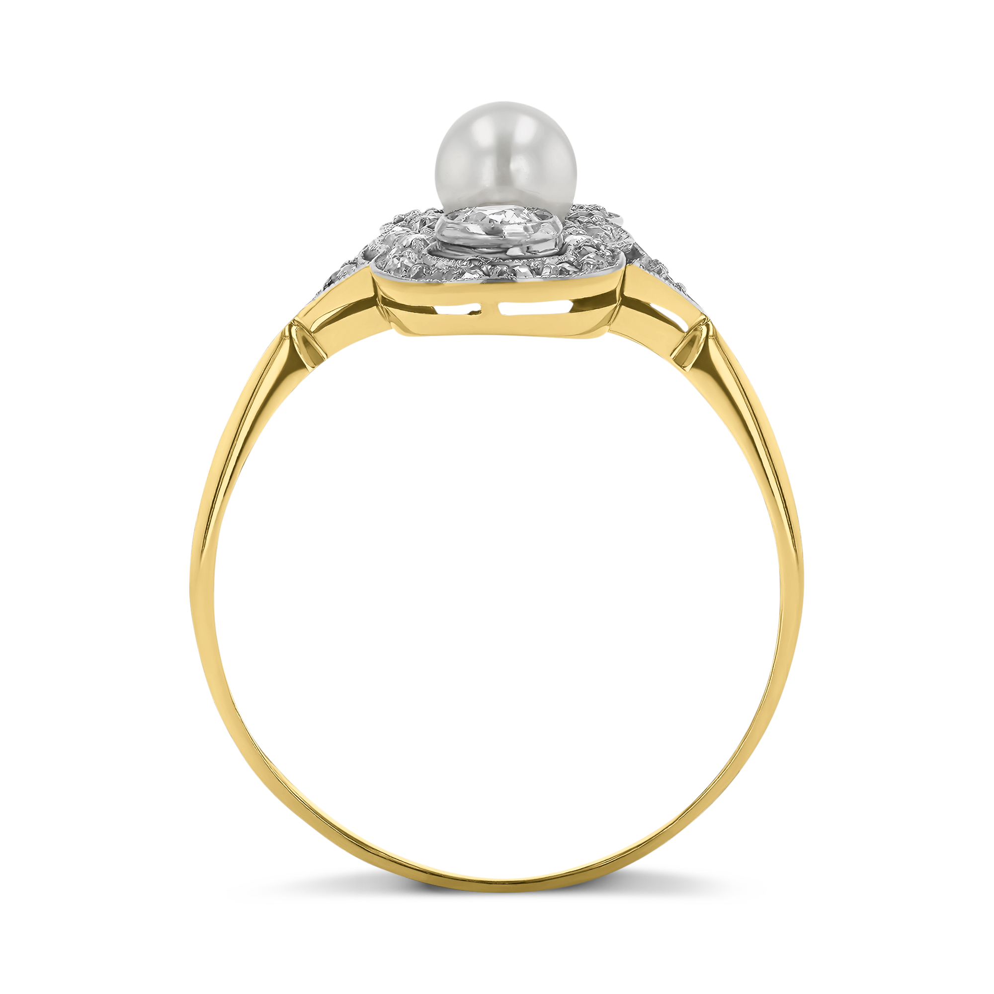 Edwardian Pearl and Old European Cut Diamond Scalloped Plaque Ring Old European Cut_3