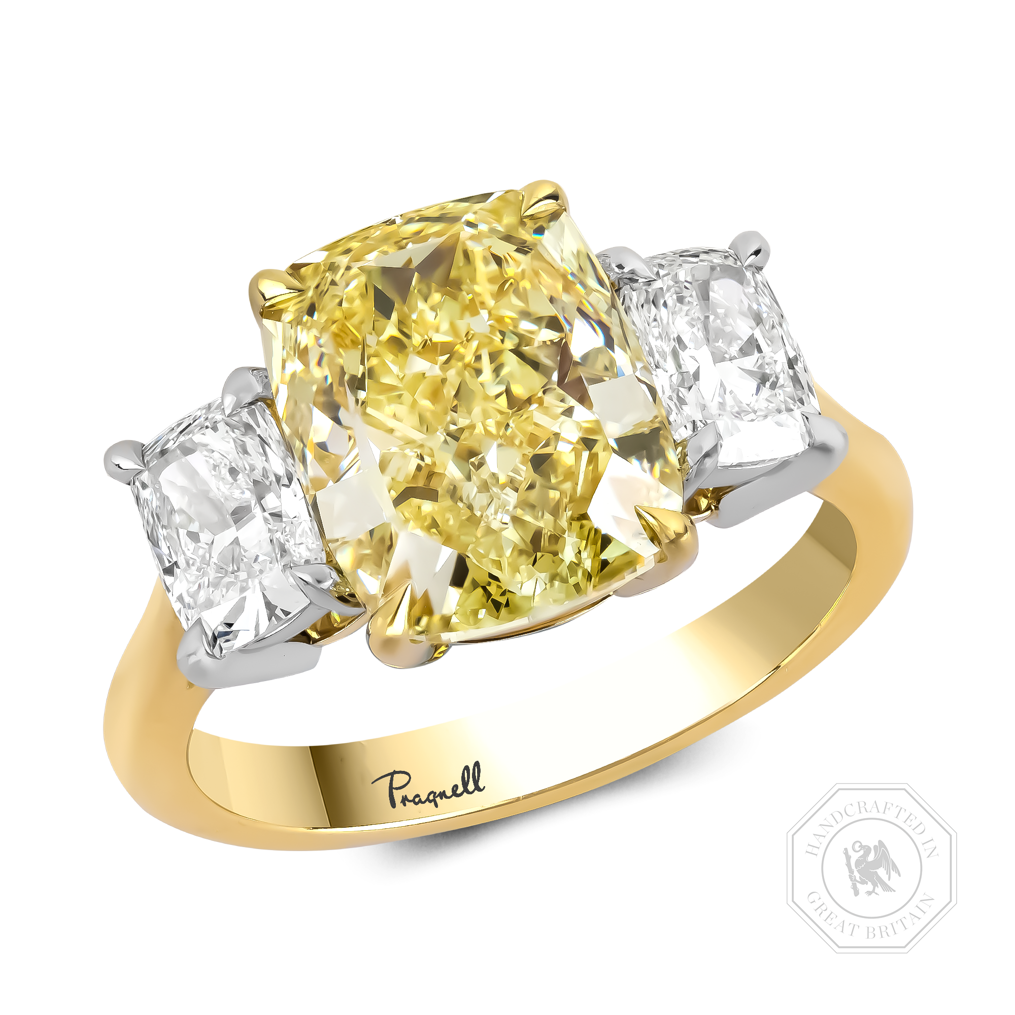 Cushion Cut 4.20ct Fancy Yellow Diamond Three Stone Ring Cushion Cut, Claw Set_1