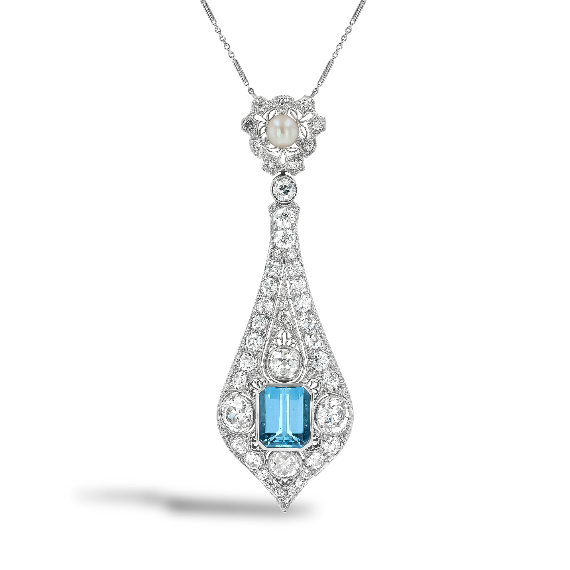 Edwardian 4.06ct Aquamarine and Diamond Filigree Drop Style Pendant Emerald Cut, Millegrain Set_1