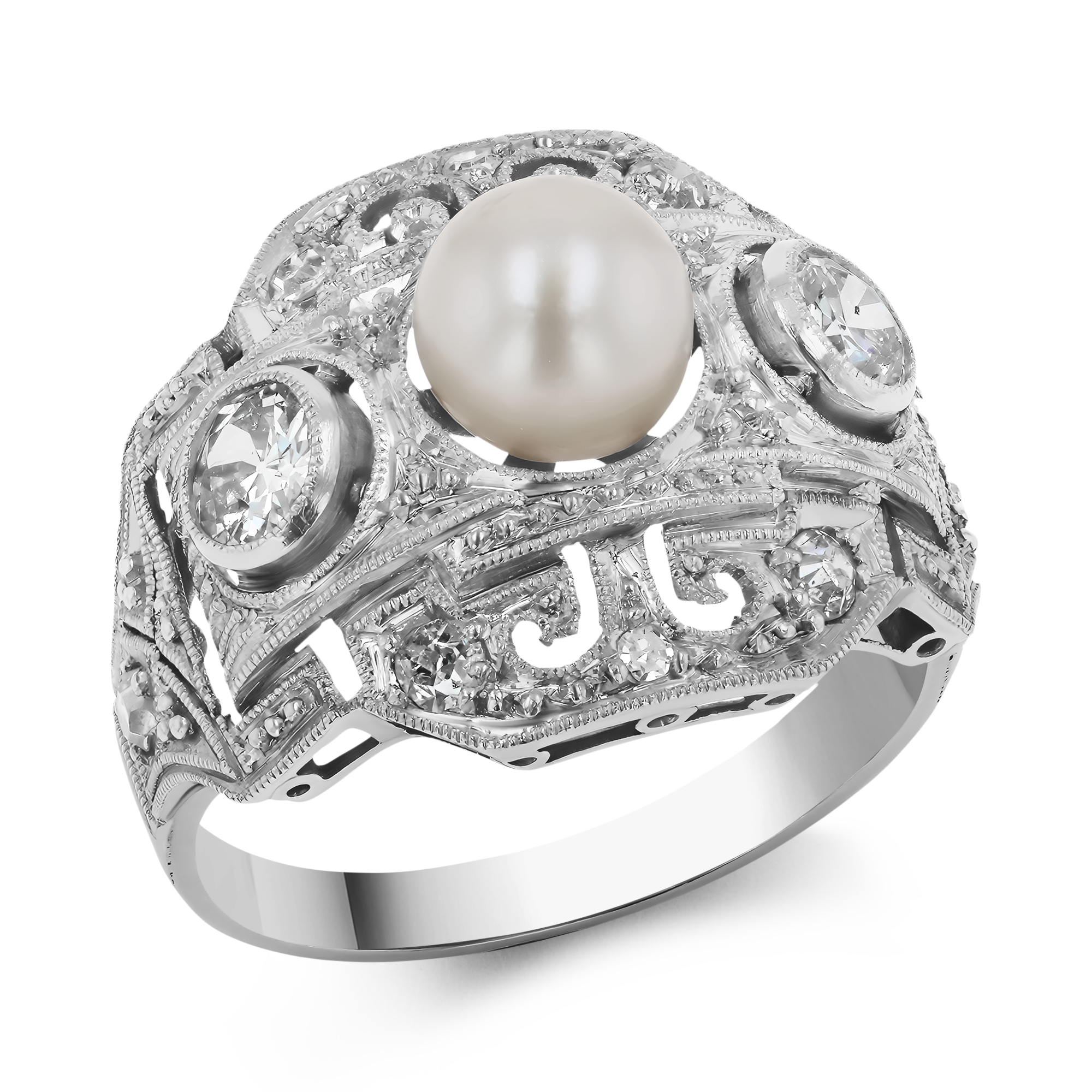 Edwardian Pearl and Old European Cut Diamond Curved Plaque Ring Rubover & Grain Set_1