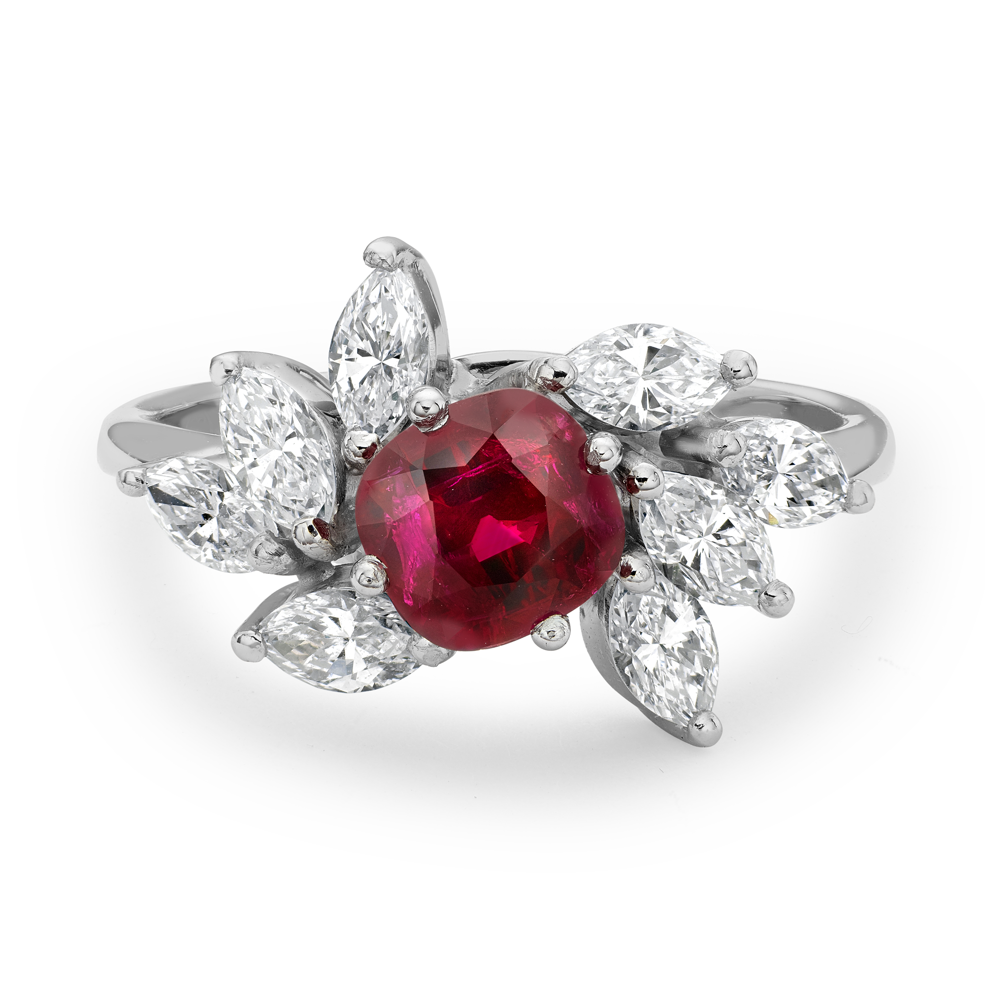 Contemporary Burmese Ruby and Diamond Firework Ring Cushion & Marquise Cut, Claw Set_2