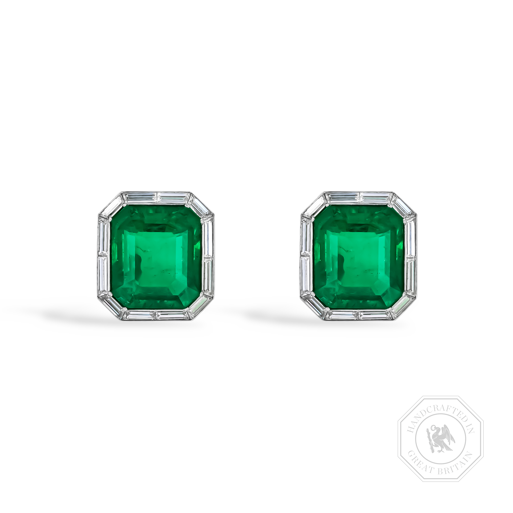Masterpiece 14.07ct Muzo Emerald and Diamond Art Deco Inspired Earrings Octagon & Baguette Cut, Claw Set_1